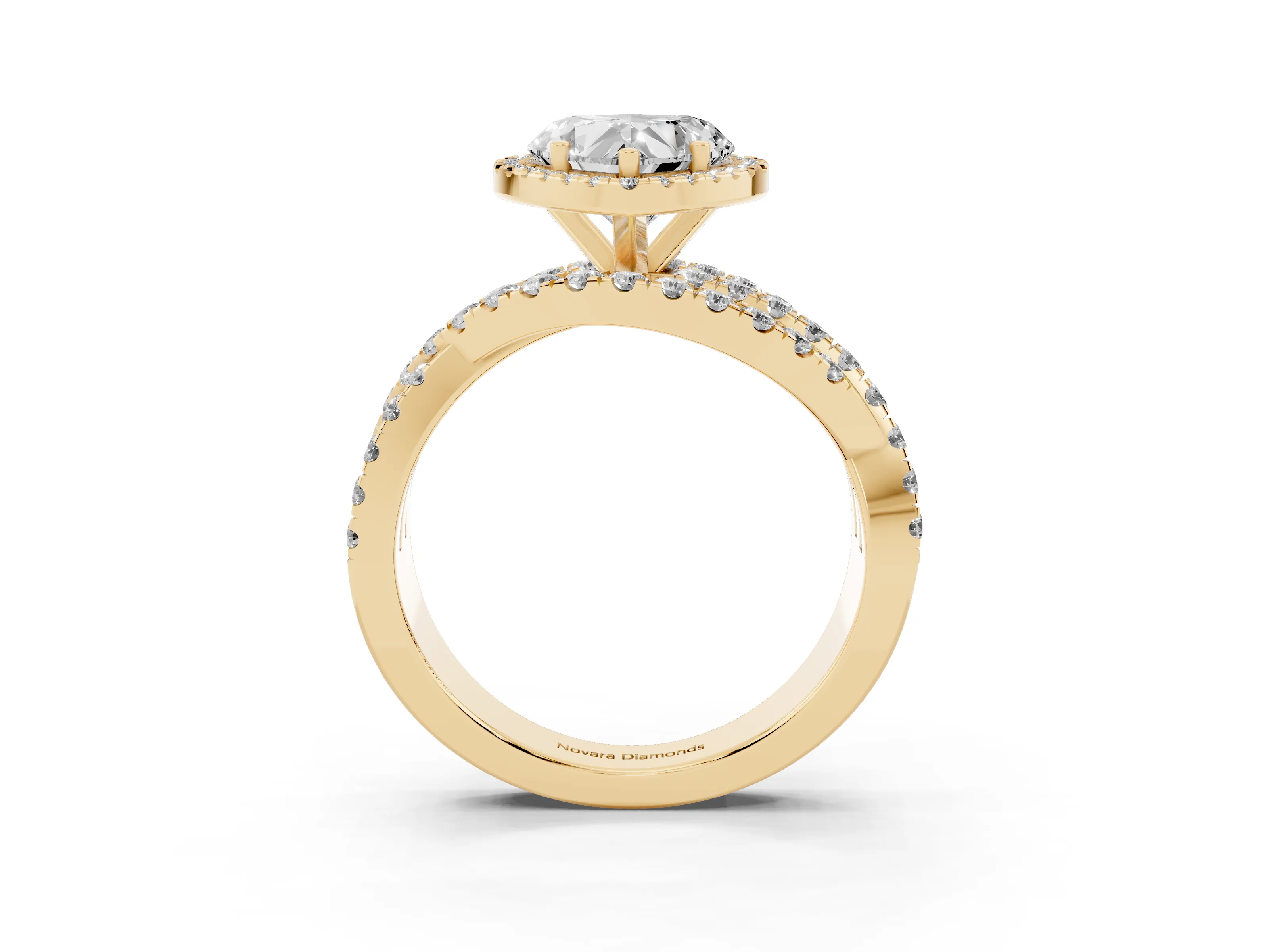 Heart Cut Diamond Halo Ring Set in Yellow gold with Round Crossover Split Shank and Prong Setting