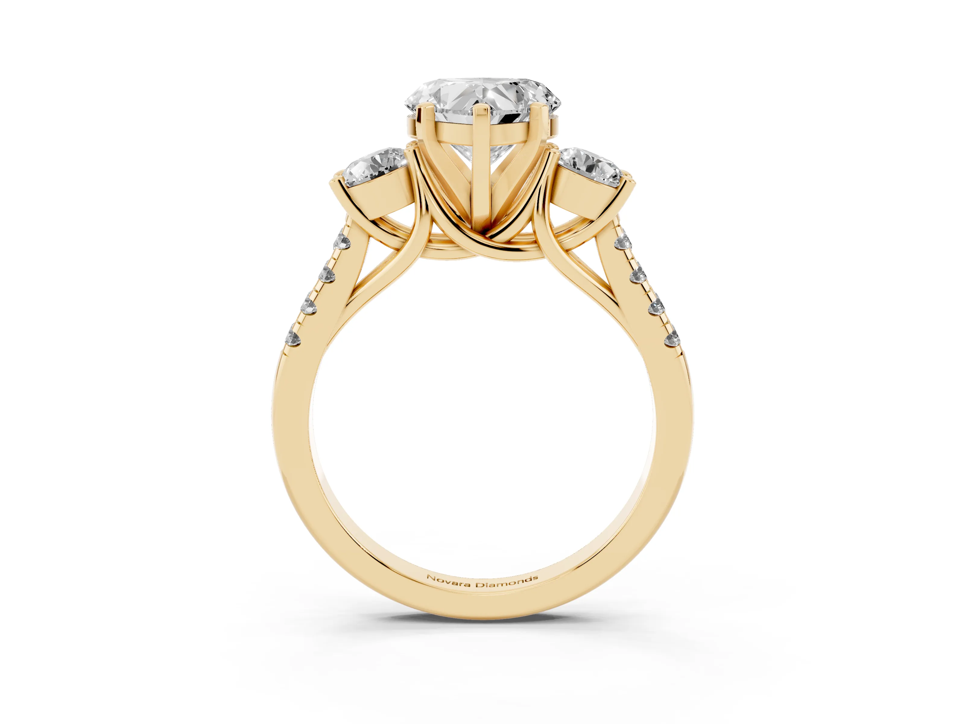 Three-Stone Heart Cut Diamond Pavé Band Ring Set in Yellow gold with Prong-Set Trio