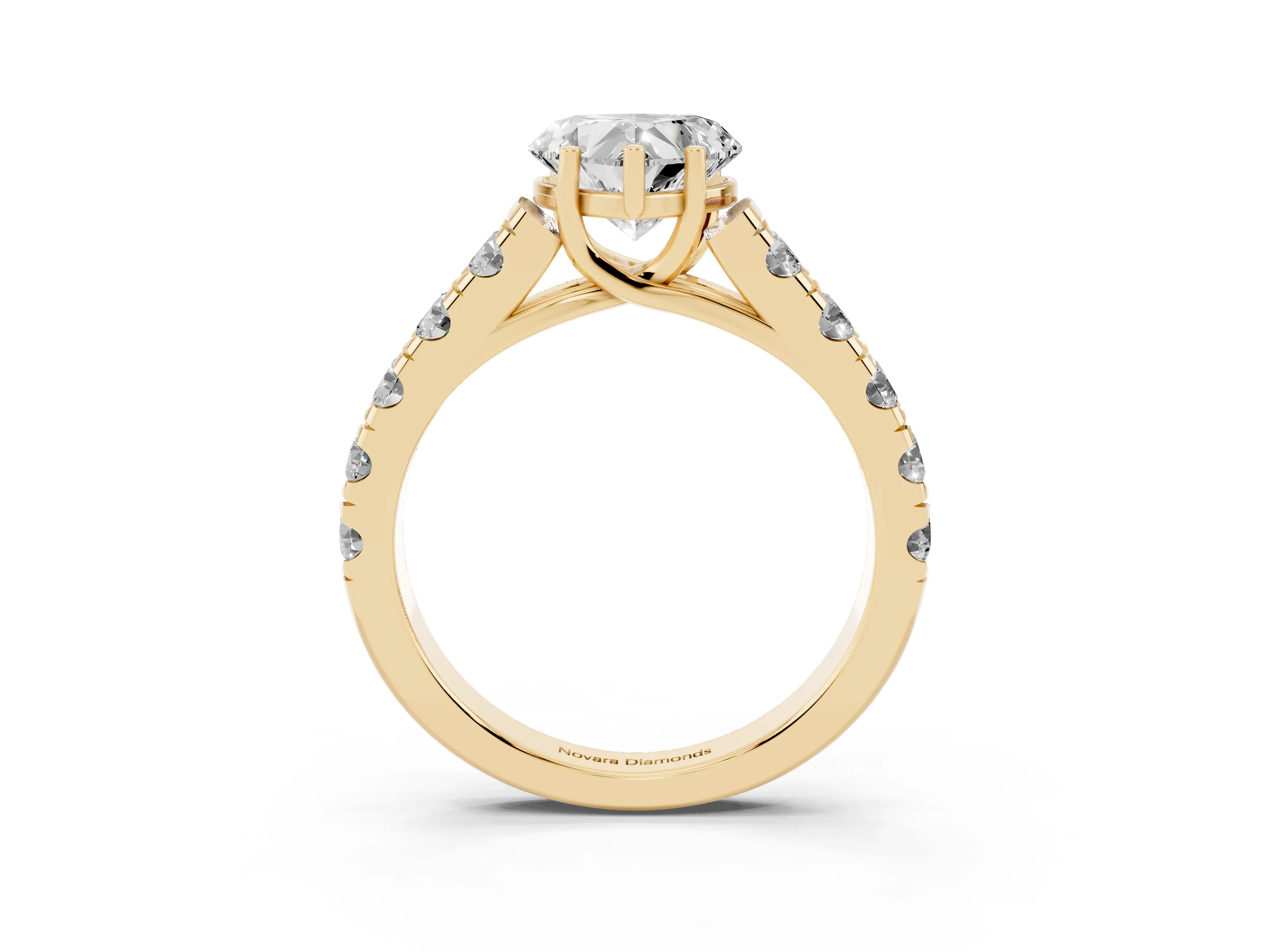 Heart Cut Diamond Solitaire Ring Set in Yellow gold with Cut-Down Micro Pavé Band and Prong Setting