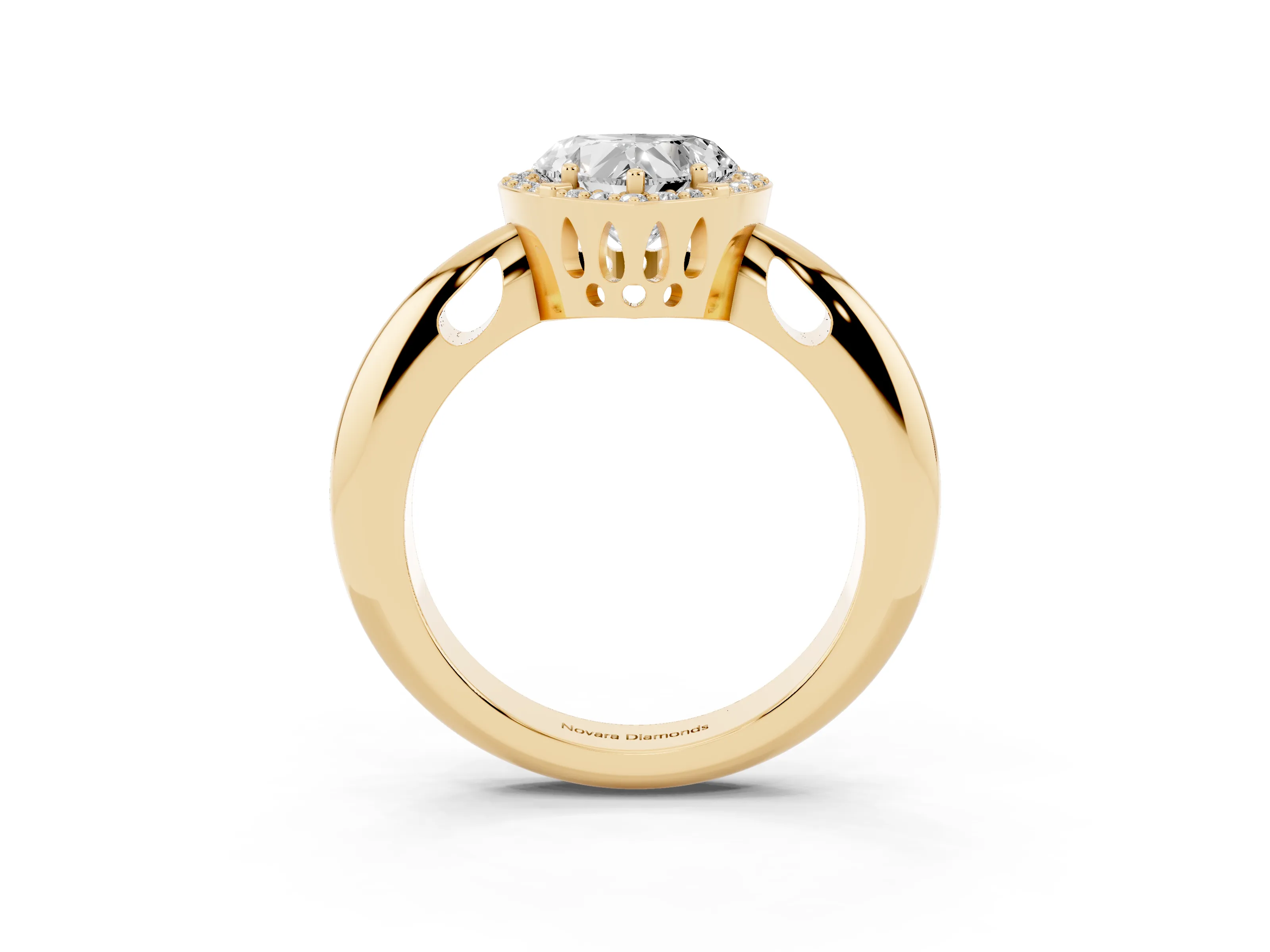 Heart Cut Diamond Halo Engagement Ring Set in Yellow gold with Plain Split Shank and Prong Setting