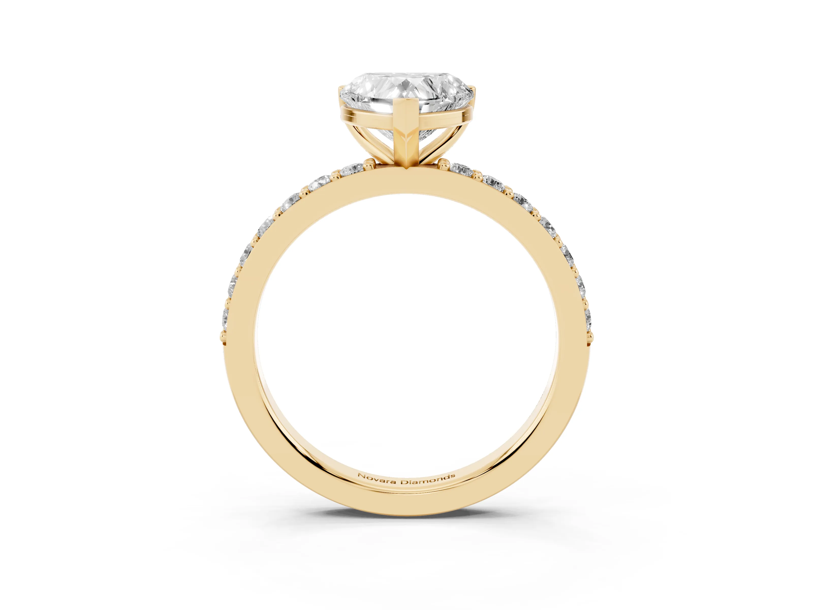 Heart Cut Diamond Solitaire Set in Yellow gold with Round Pavé Band and Prong Setting