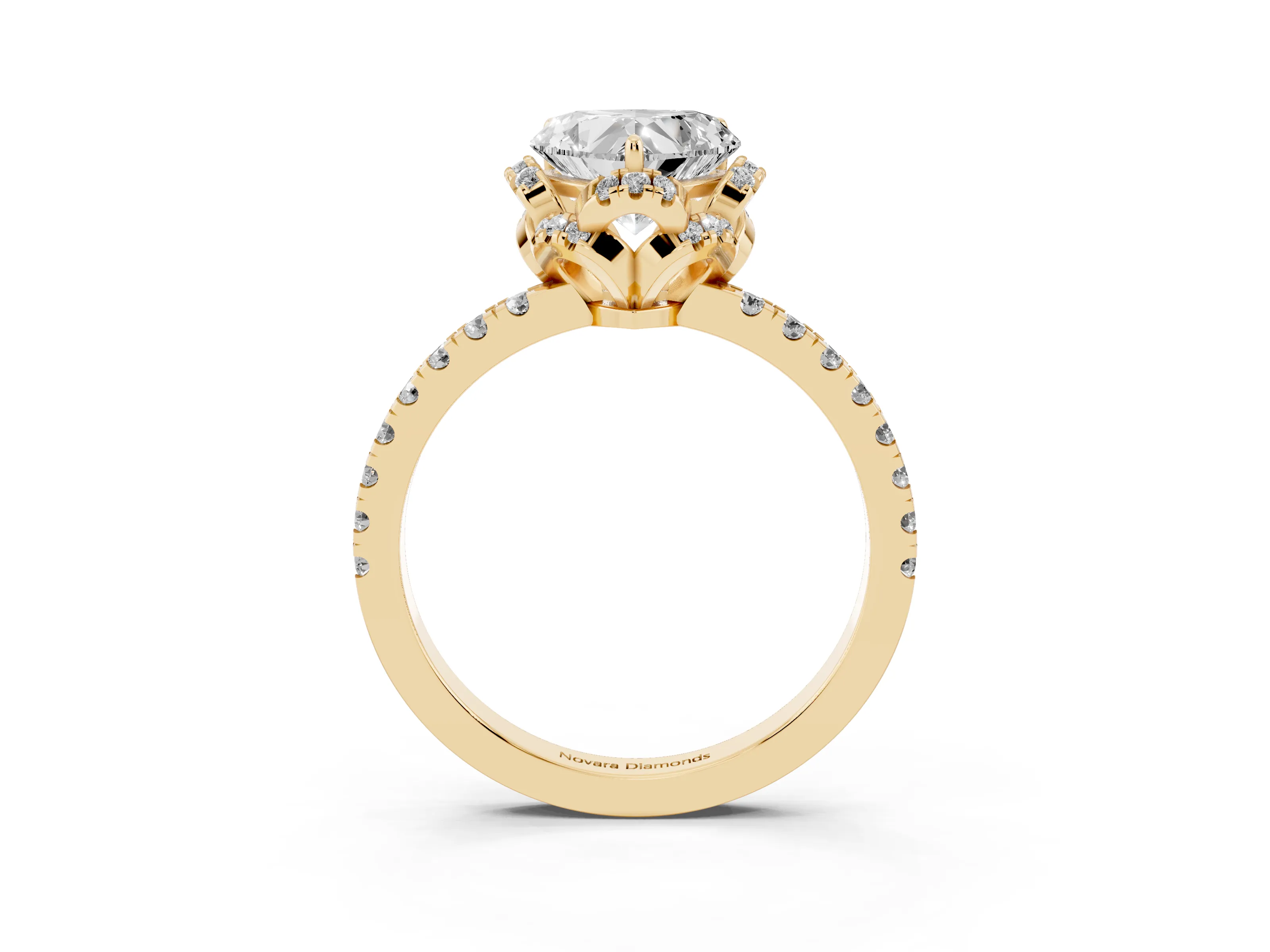 Heart Cut Diamond Halo Pavé Band Ring Set in Yellow gold with Prong-Held Center