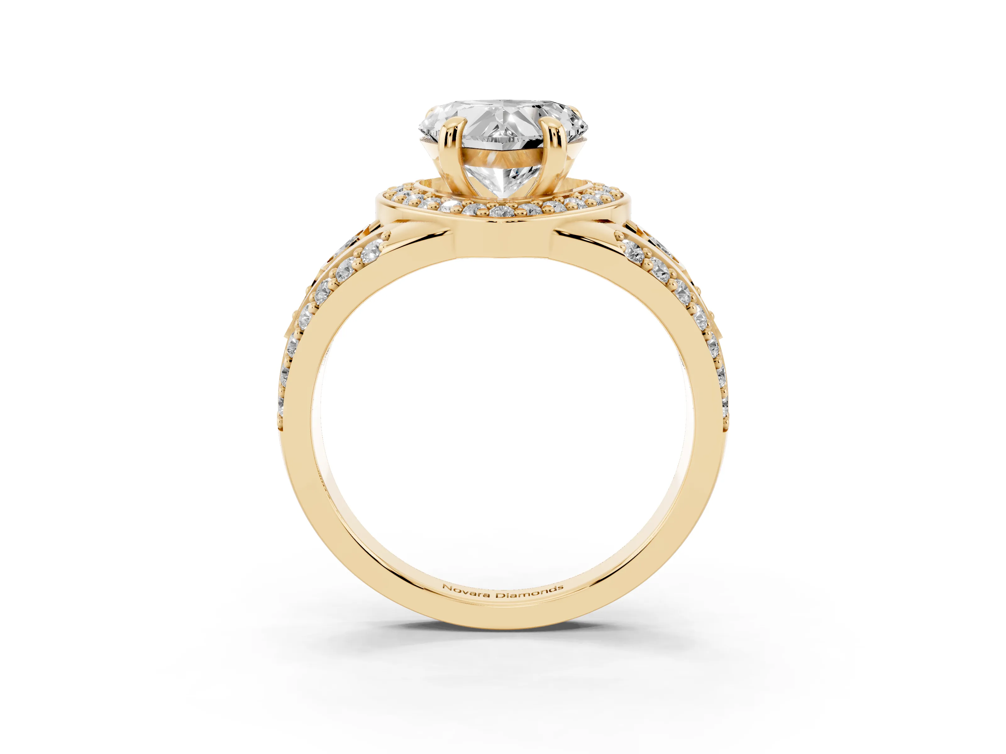 Heart Cut Diamond Halo Ring Set in Yellow gold with Pavé Split Shank and Bezel Accents