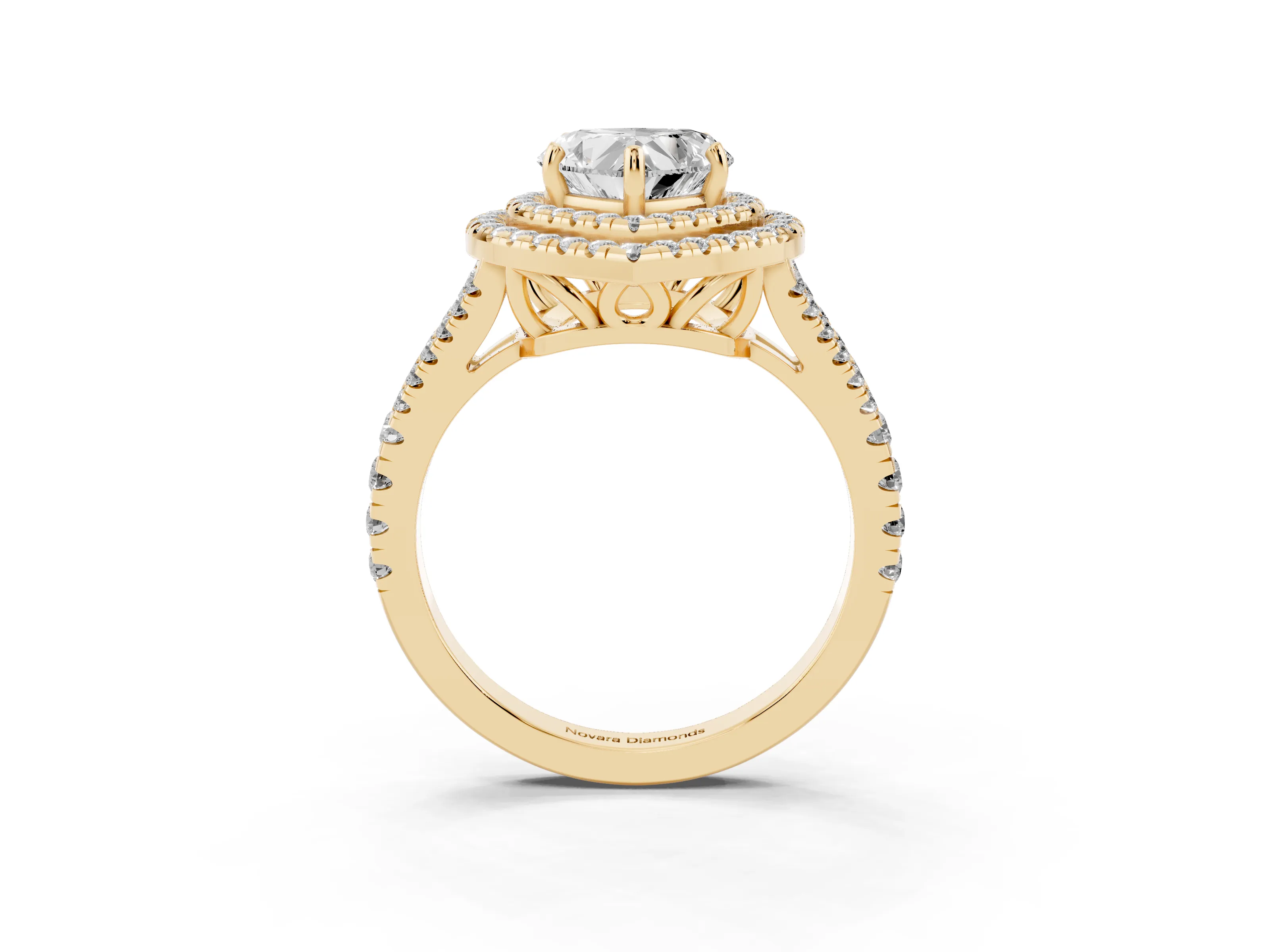 Heart Cut Diamond Double Halo Ring Set in Yellow gold with Pavé Band