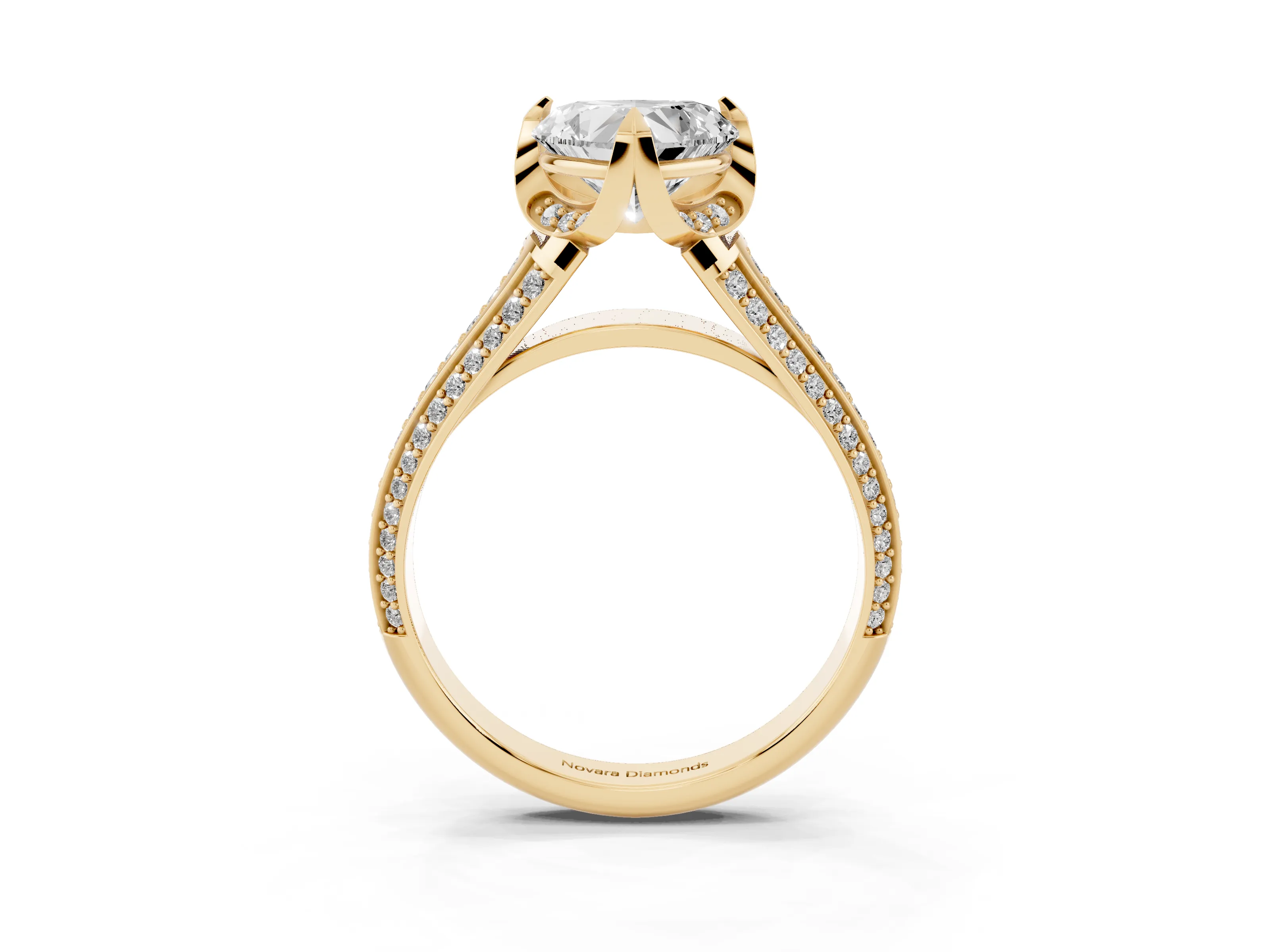 Heart Cut Diamond Pavé Split Shank Solitaire Ring Set in Yellow gold with Prong Setting