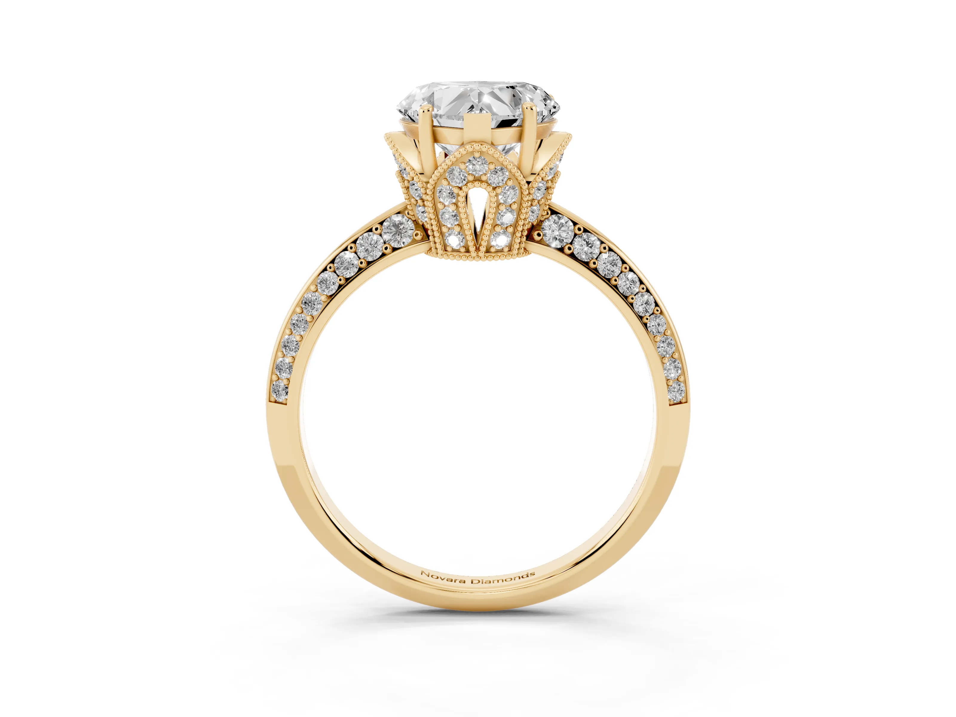 Heart Cut Diamond Solitaire Engagement Ring Set in Yellow gold with Pavé Split Shank and Prong Setting