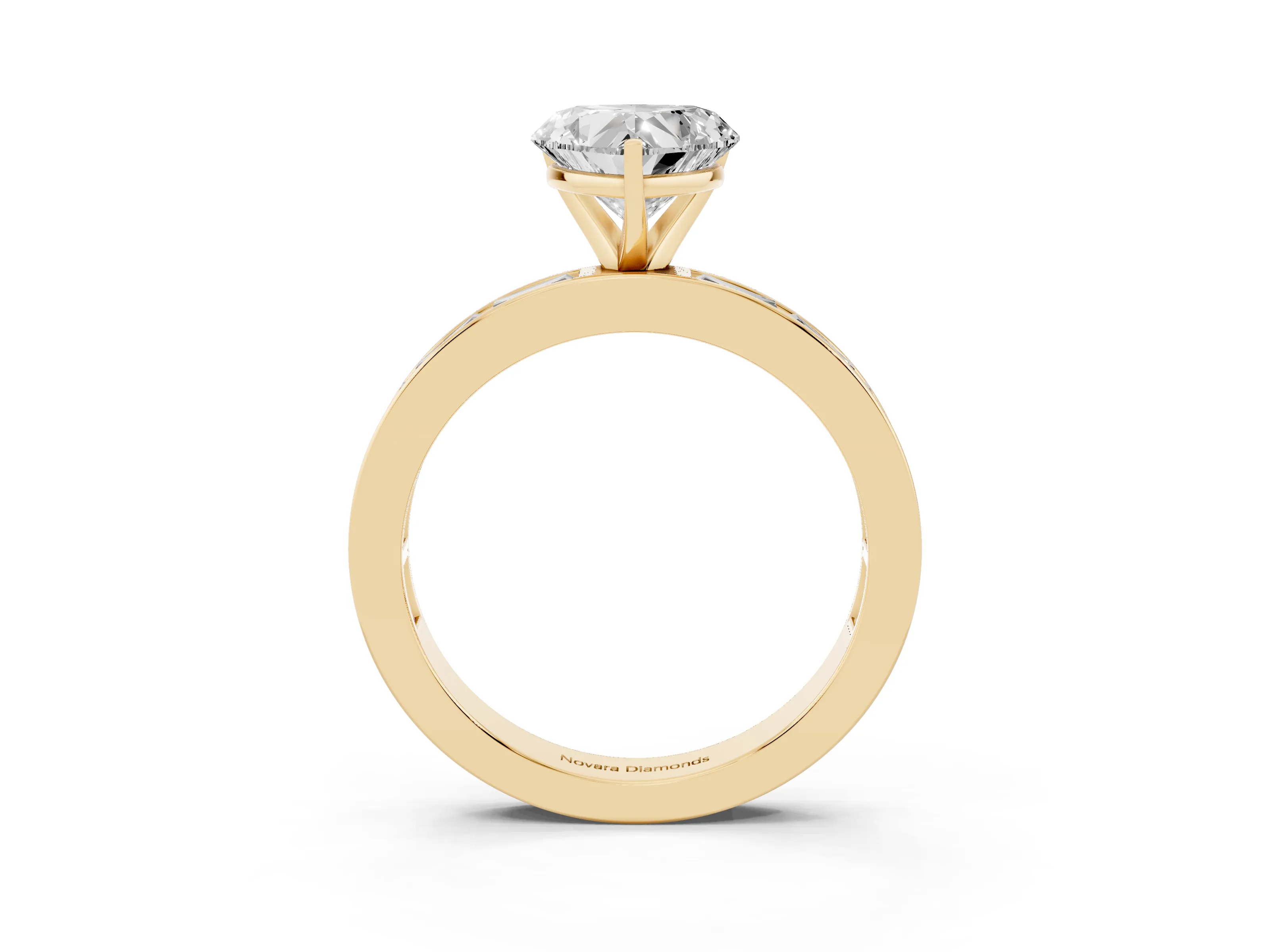 Heart Cut Diamond Solitaire Ring Set in Yellow gold with Channel-Set Baguette Band and Prong Setting