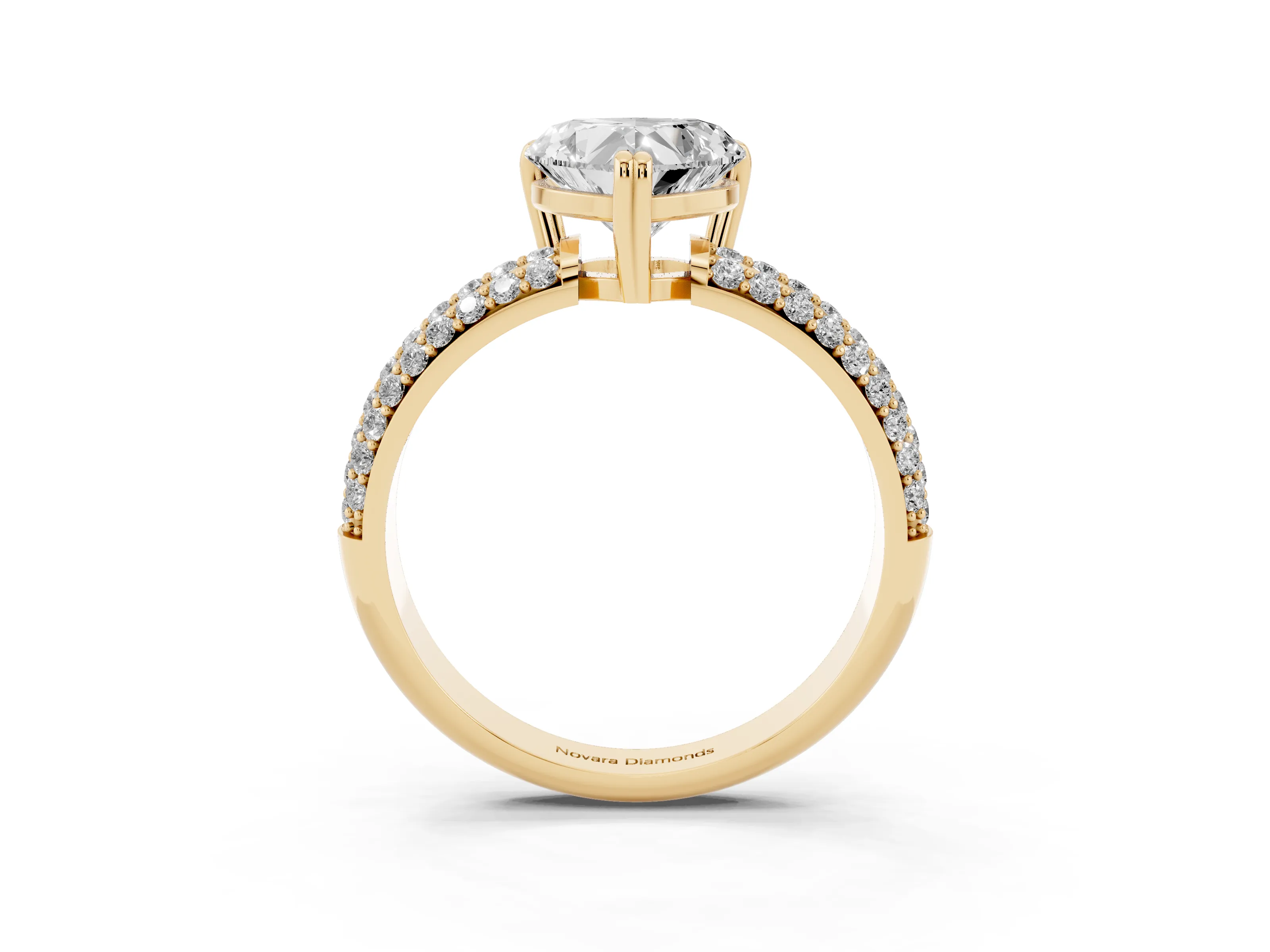 Heart Cut Diamond Solitaire Ring Set in Yellow gold with Multi-Row Round Pavé Band and Prong Setting