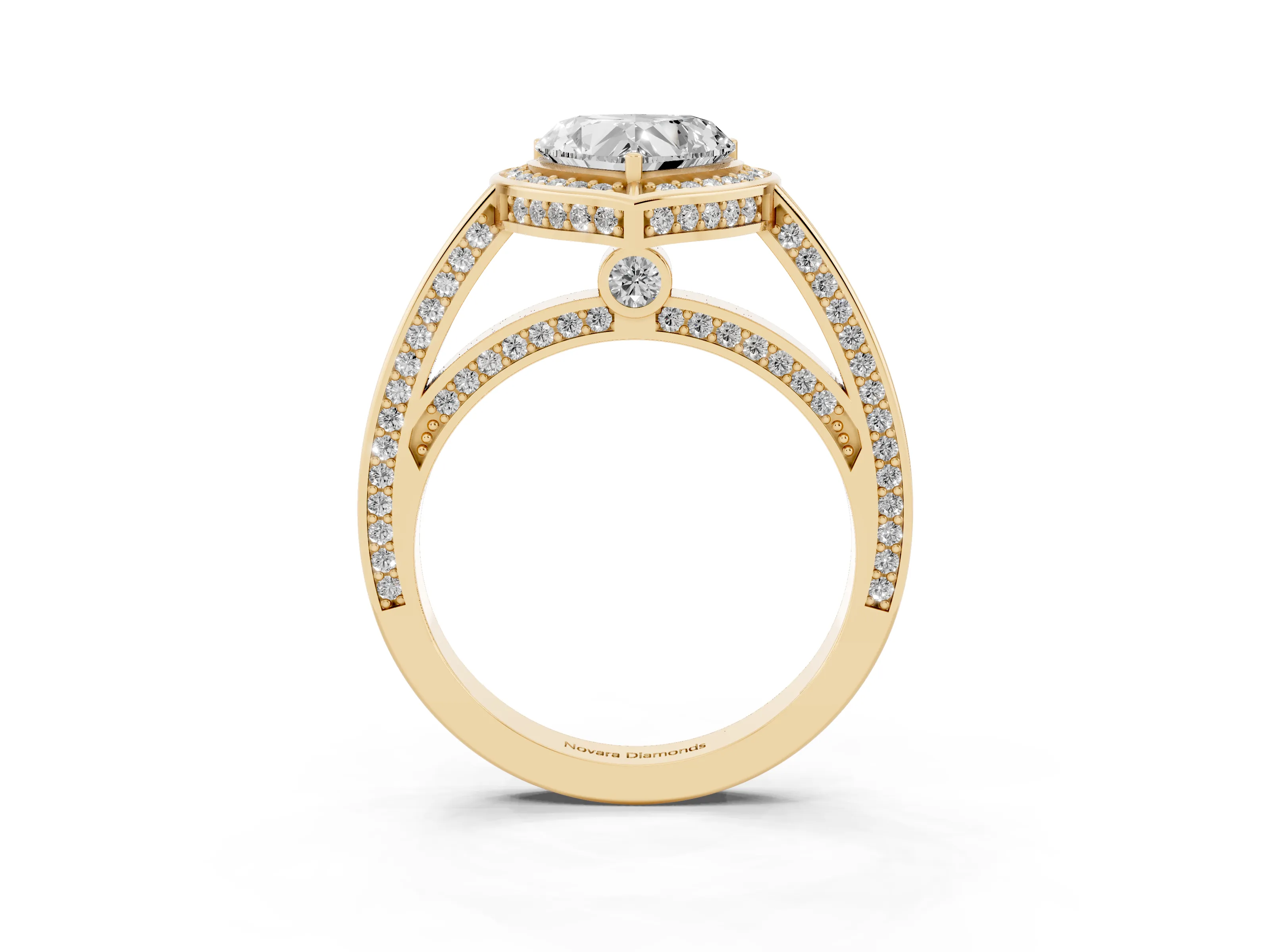 Heart Cut Diamond Halo Pavé Split Shank Ring Set in Yellow gold with Prong Setting