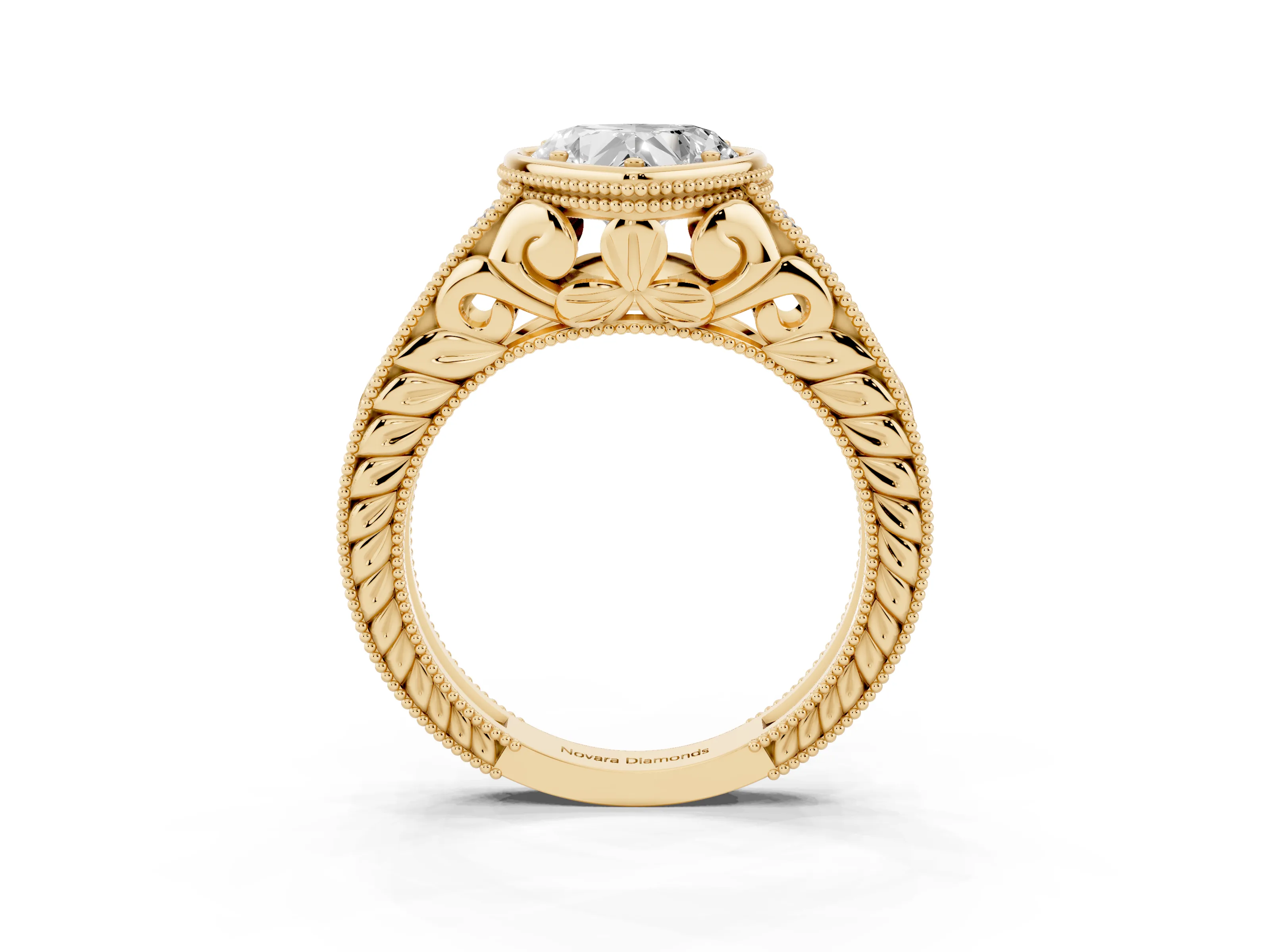Bezel Set Heart Cut Diamond Milgrain Pavé Engagement Ring Set in Yellow gold
