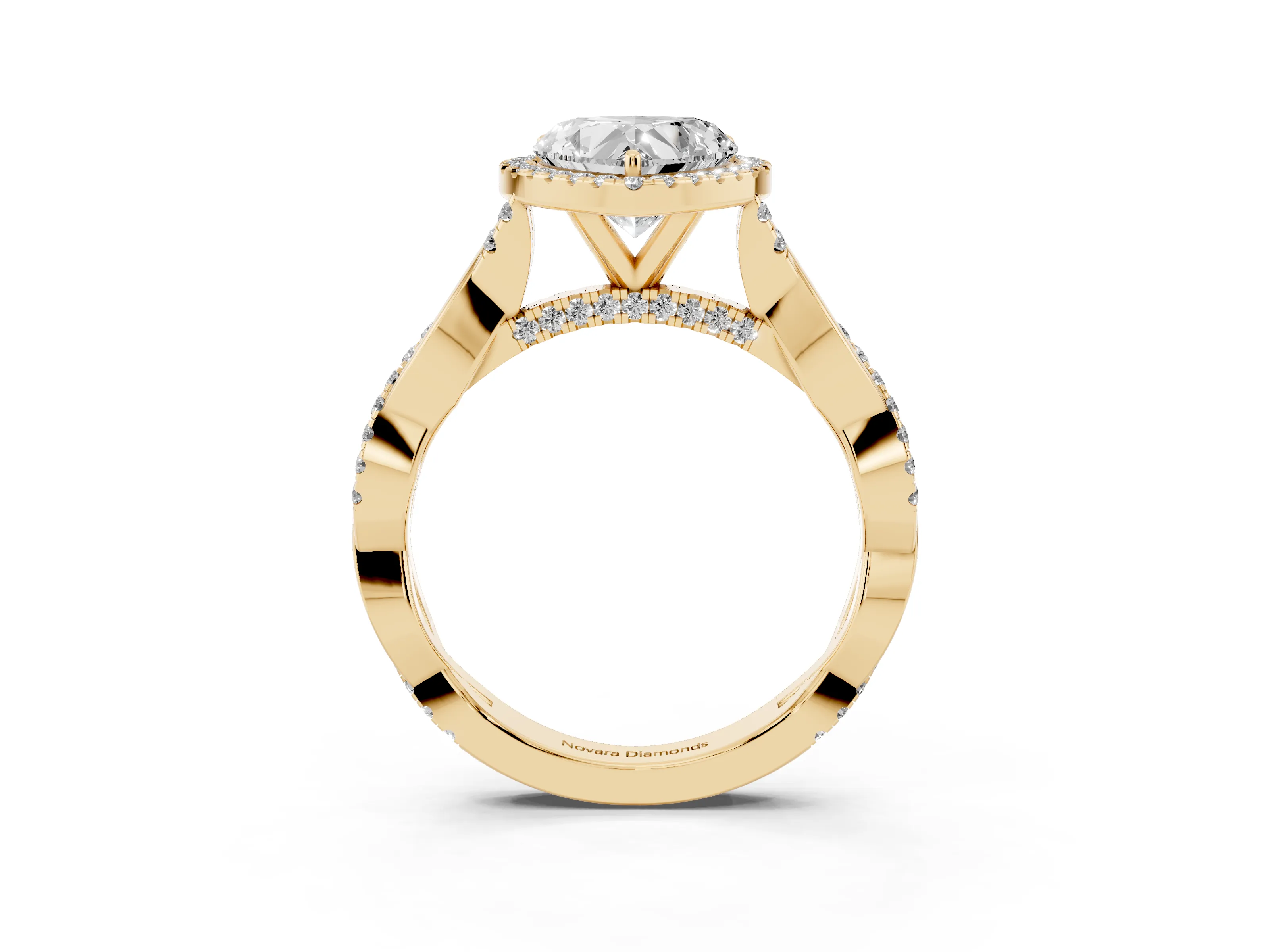 Heart Cut Diamond Halo Twist Band Solitaire Ring Set in Yellow gold with Prong Setting