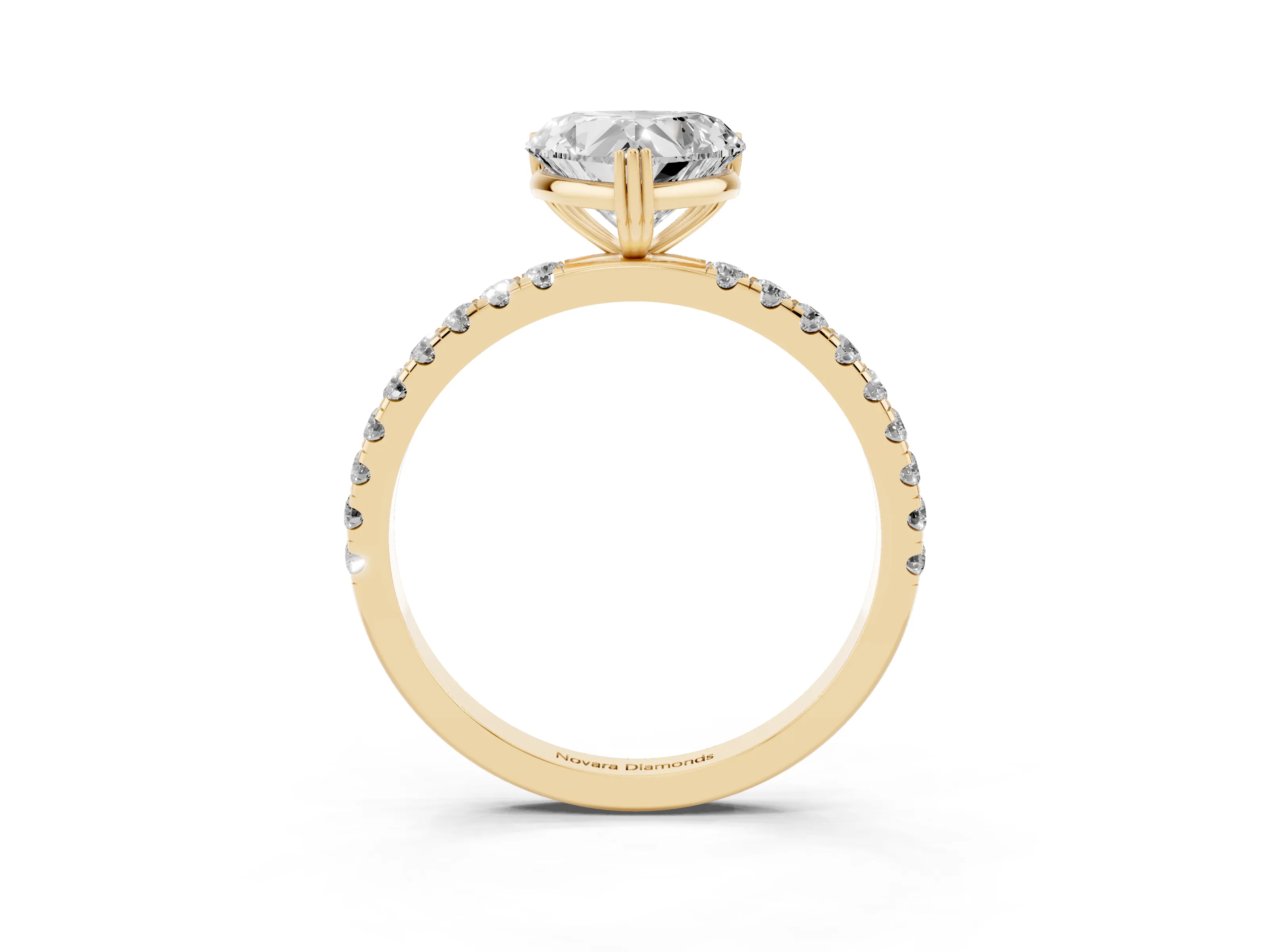 Heart Cut Diamond Brilliant Solitaire Set in Yellow gold with Pavé Band and Claw Prong Setting