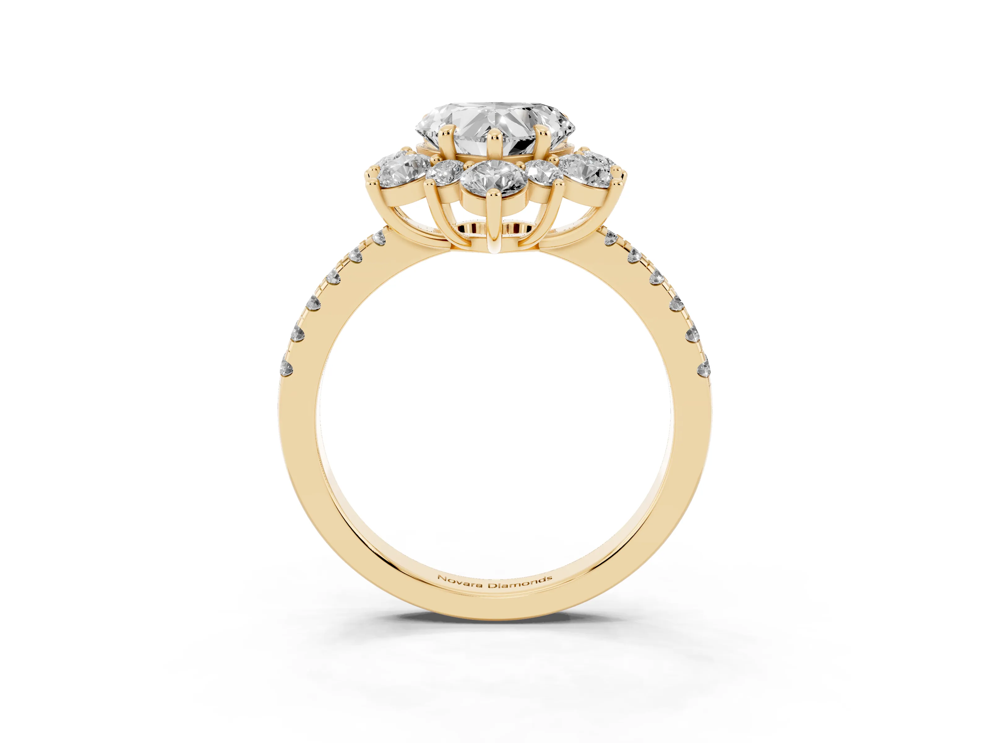 Heart Cut Diamond Floral Halo Ring Set in Yellow gold with Round Pavé Band and Prong Setting