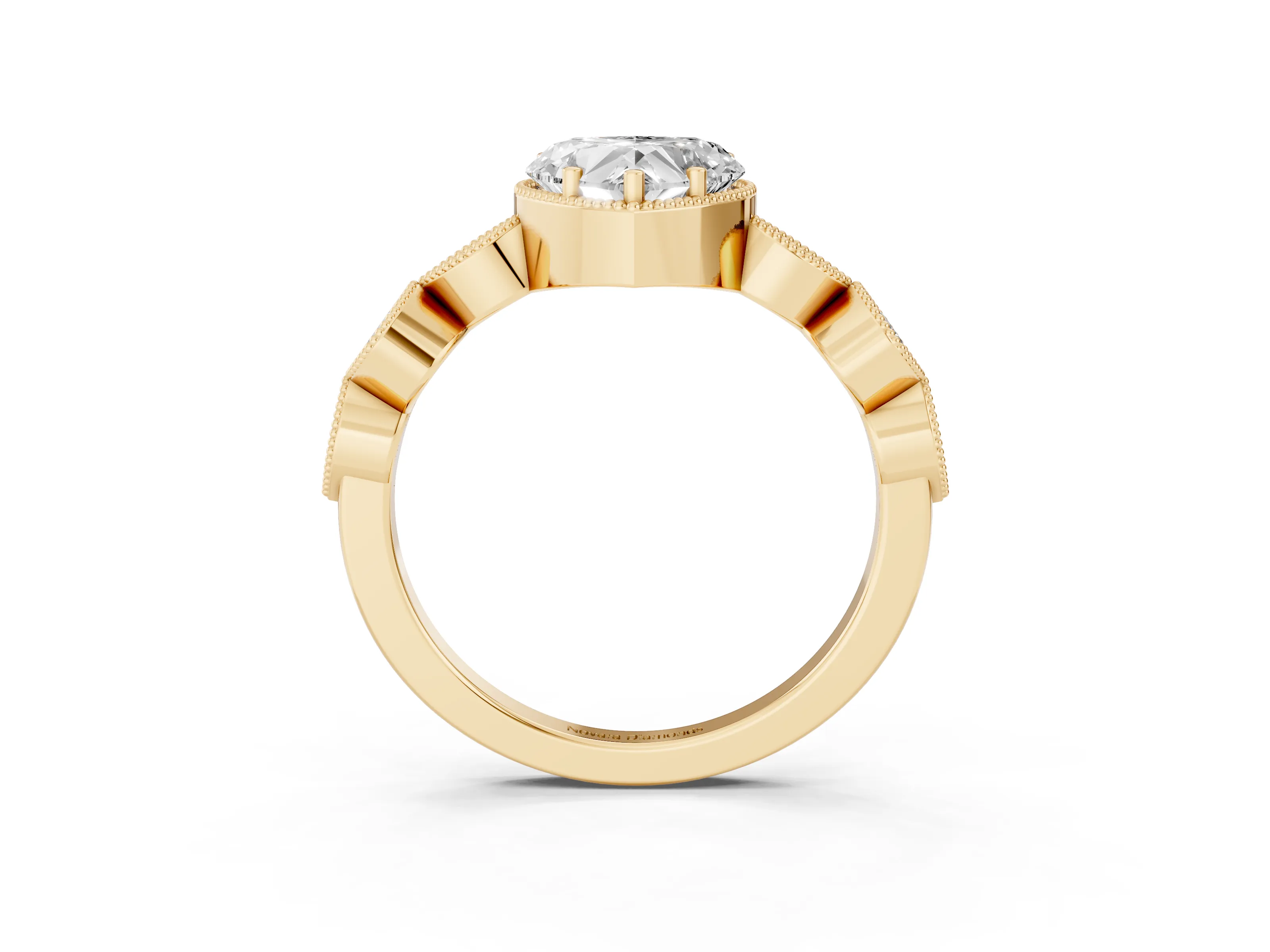 Heart Cut Diamond Vintage-Inspired Milgrain Ring Set in Yellow gold with Marquise Stations of Round Accents