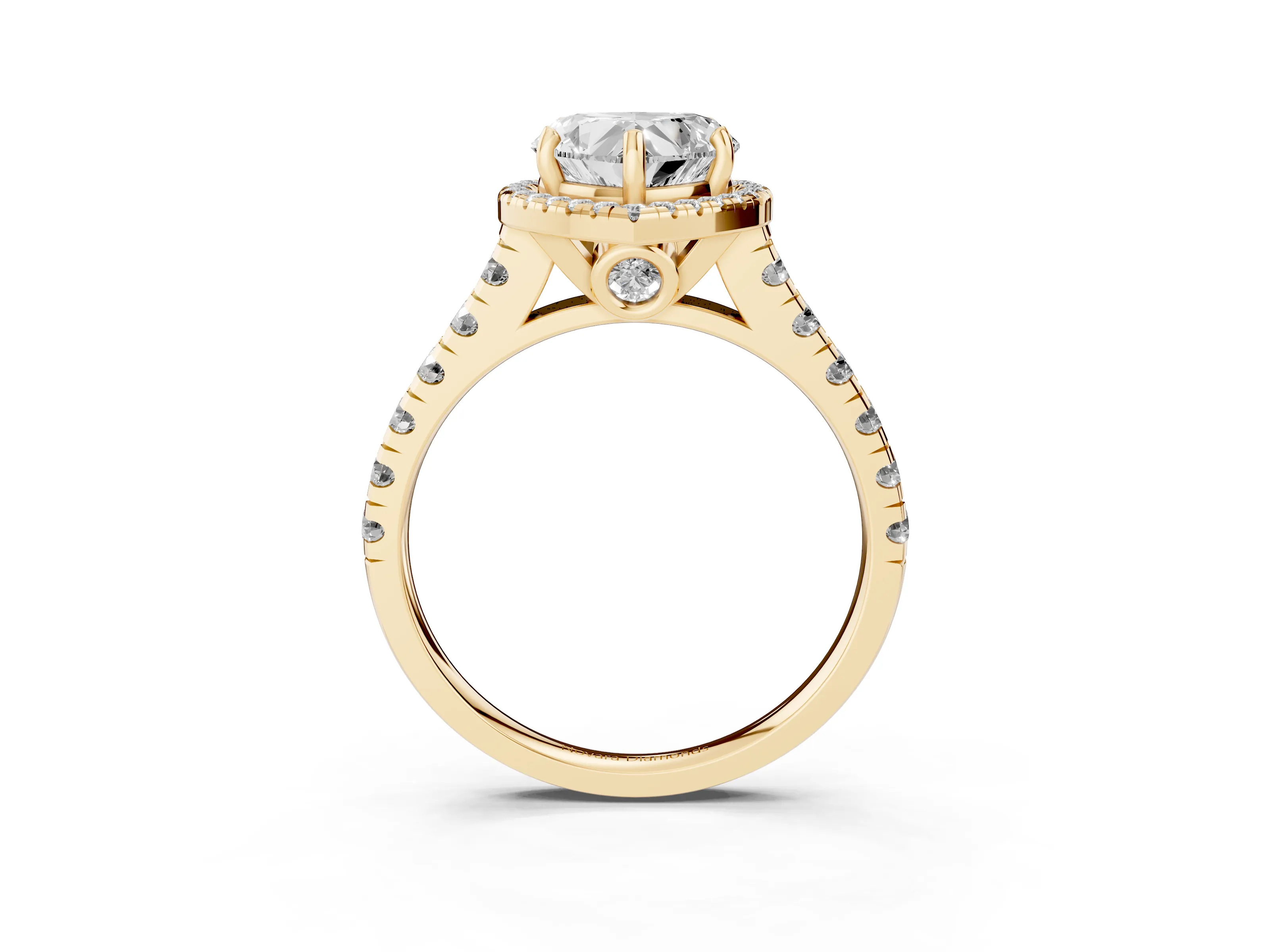 Heart Cut Diamond Halo Engagement Ring Set in Yellow gold with Pavé Band and Prong-Set Center