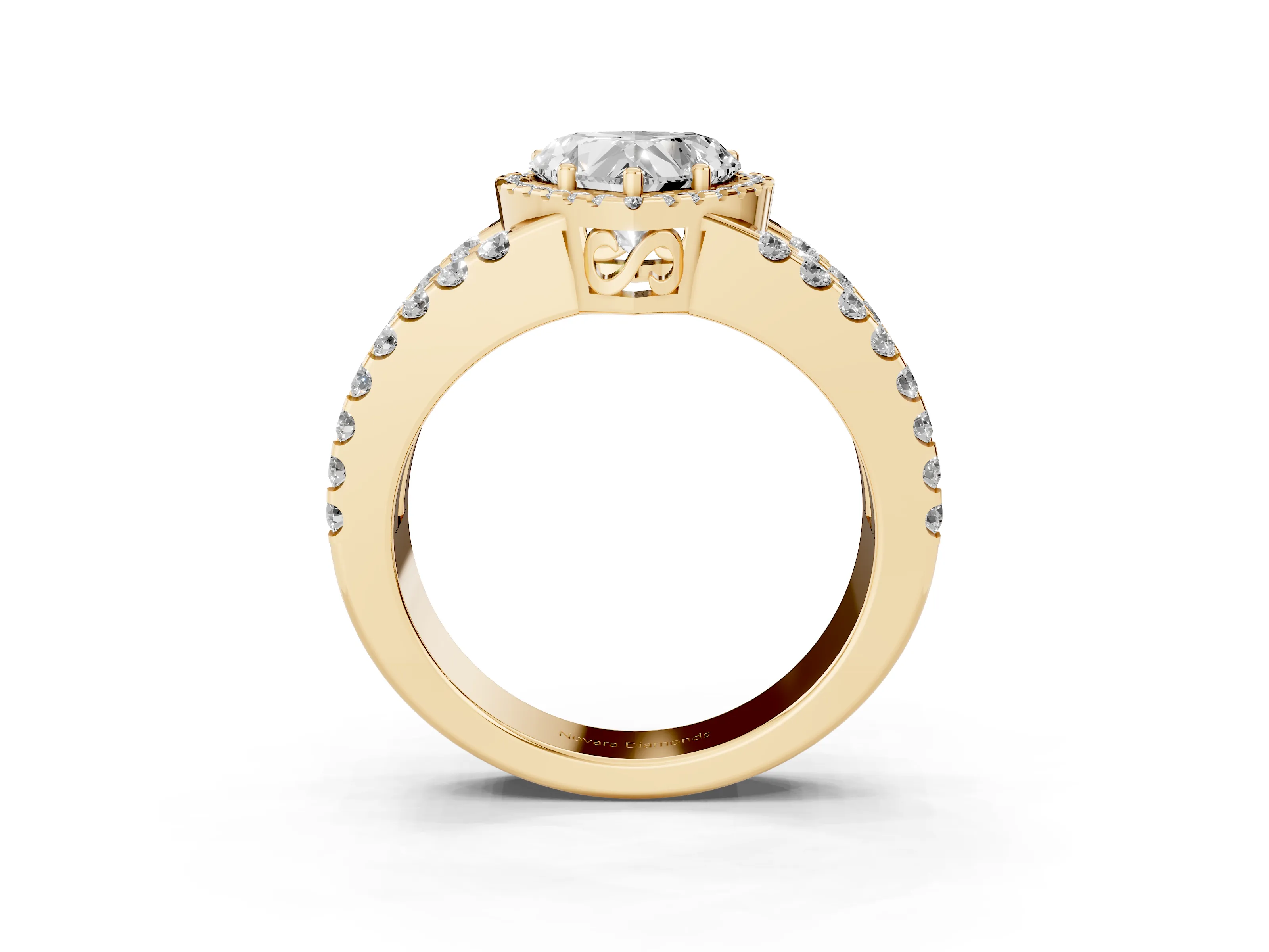 Heart Cut Diamond Halo Ring Set in Yellow gold with Pavé Split Shank and Prong Setting