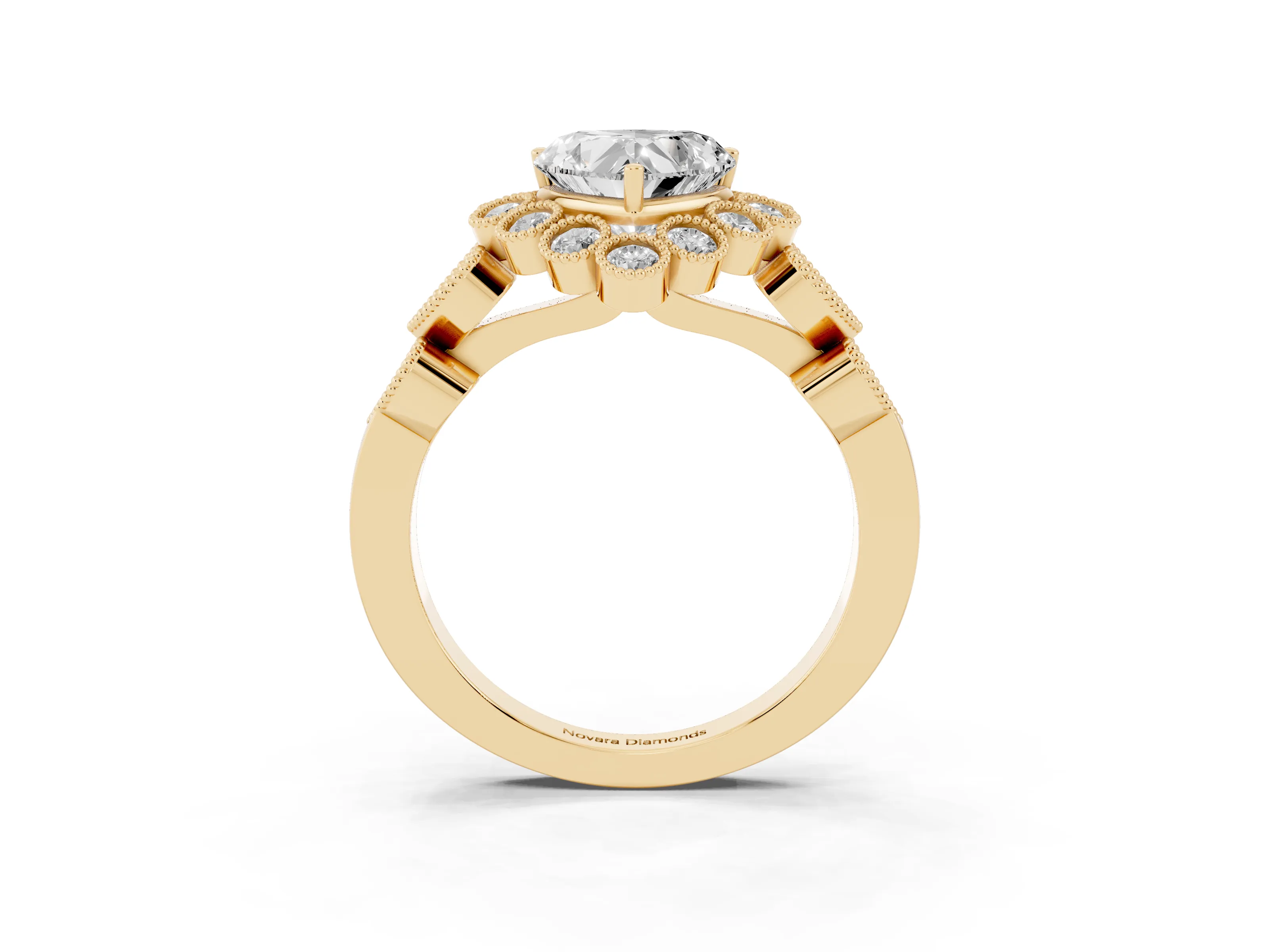 Heart Cut Diamond Solitaire Ring Set in Yellow gold with Milgrain Pavé Heart Band