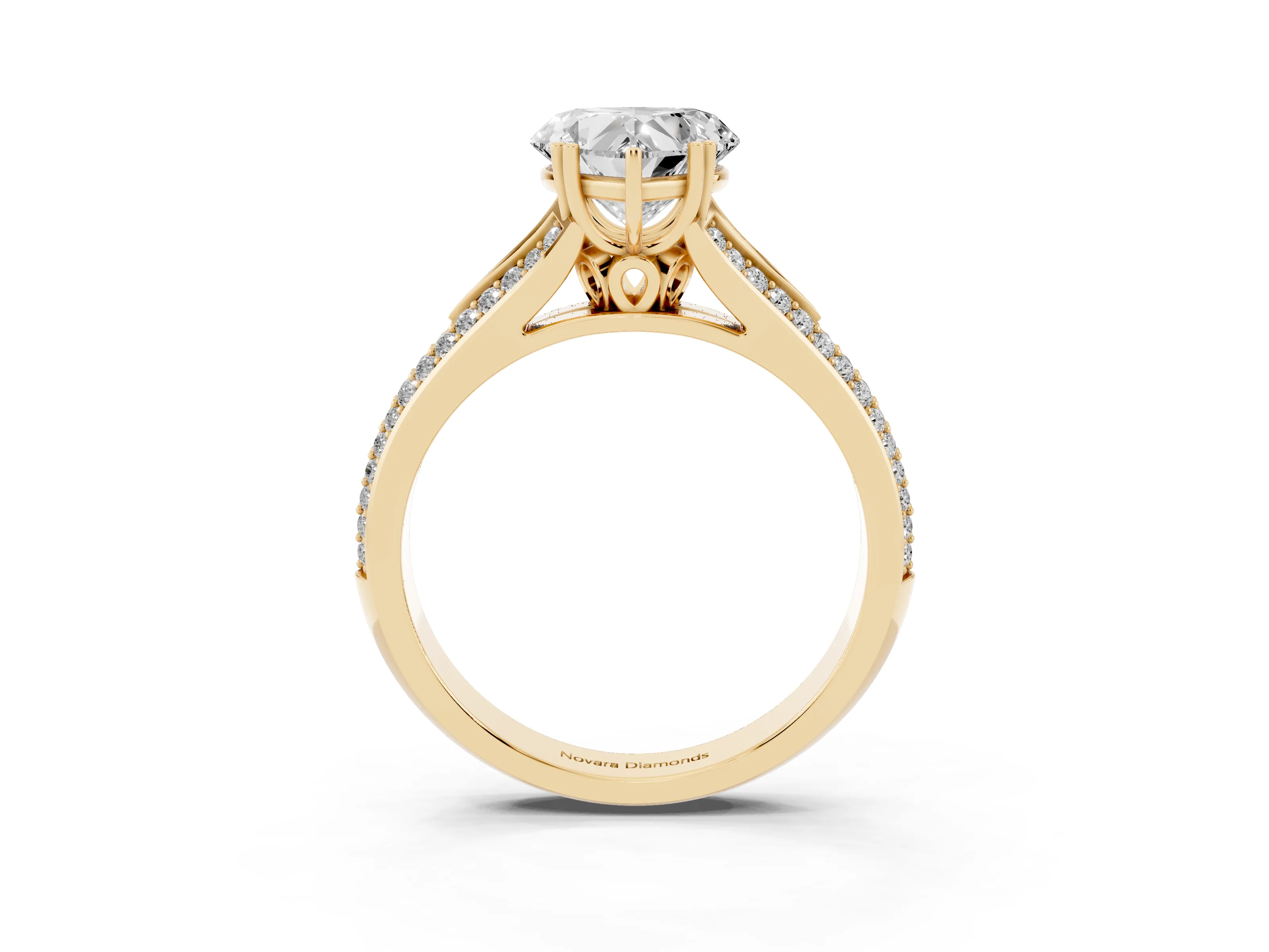 Heart Cut Diamond Split Shank Pavé Engagement Ring Set in Yellow gold with Prong-Set Center Stone