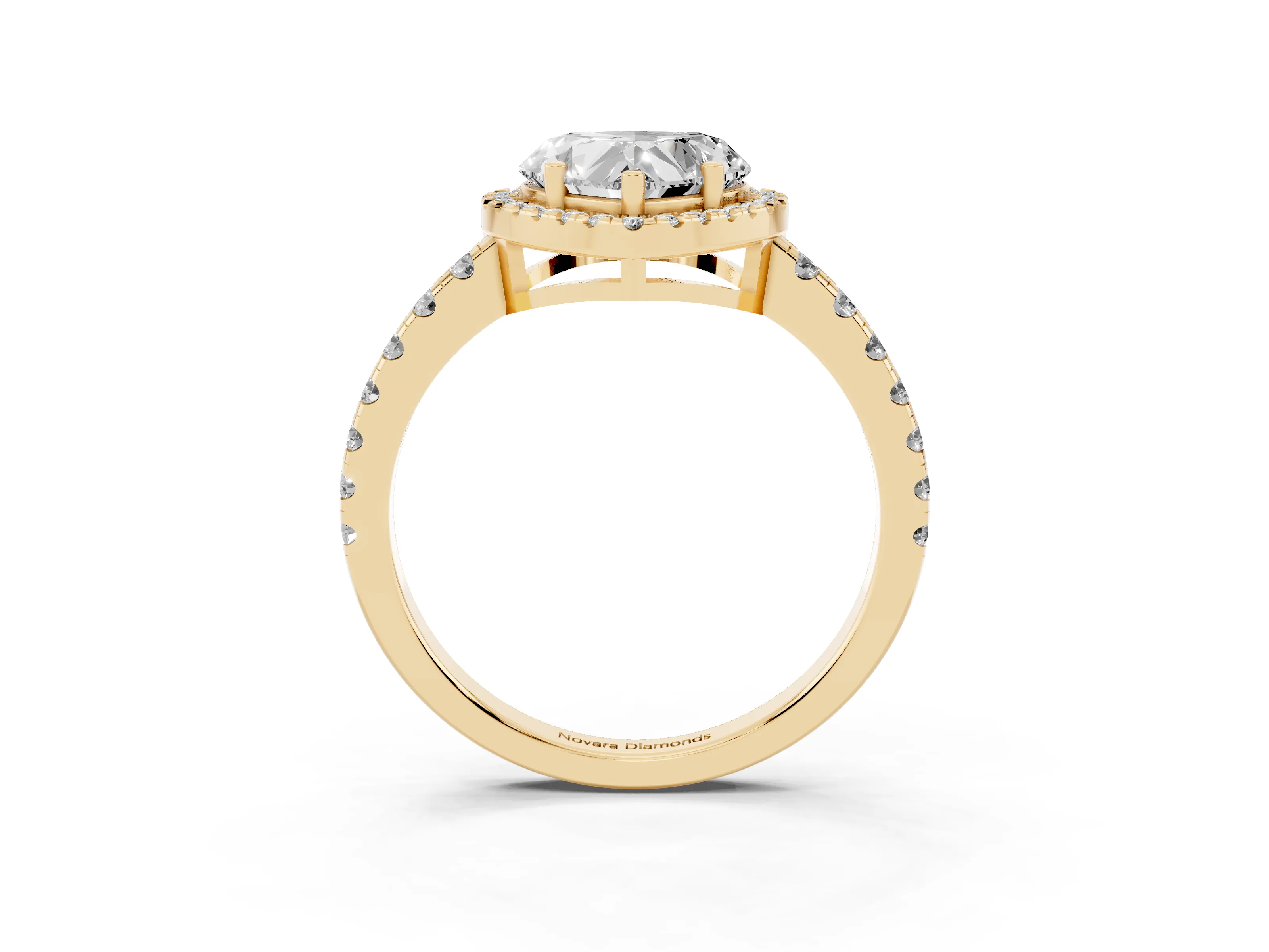 Heart Cut Diamond Halo Ring Set in Yellow gold with Delicate Pavé Band and Prong Setting