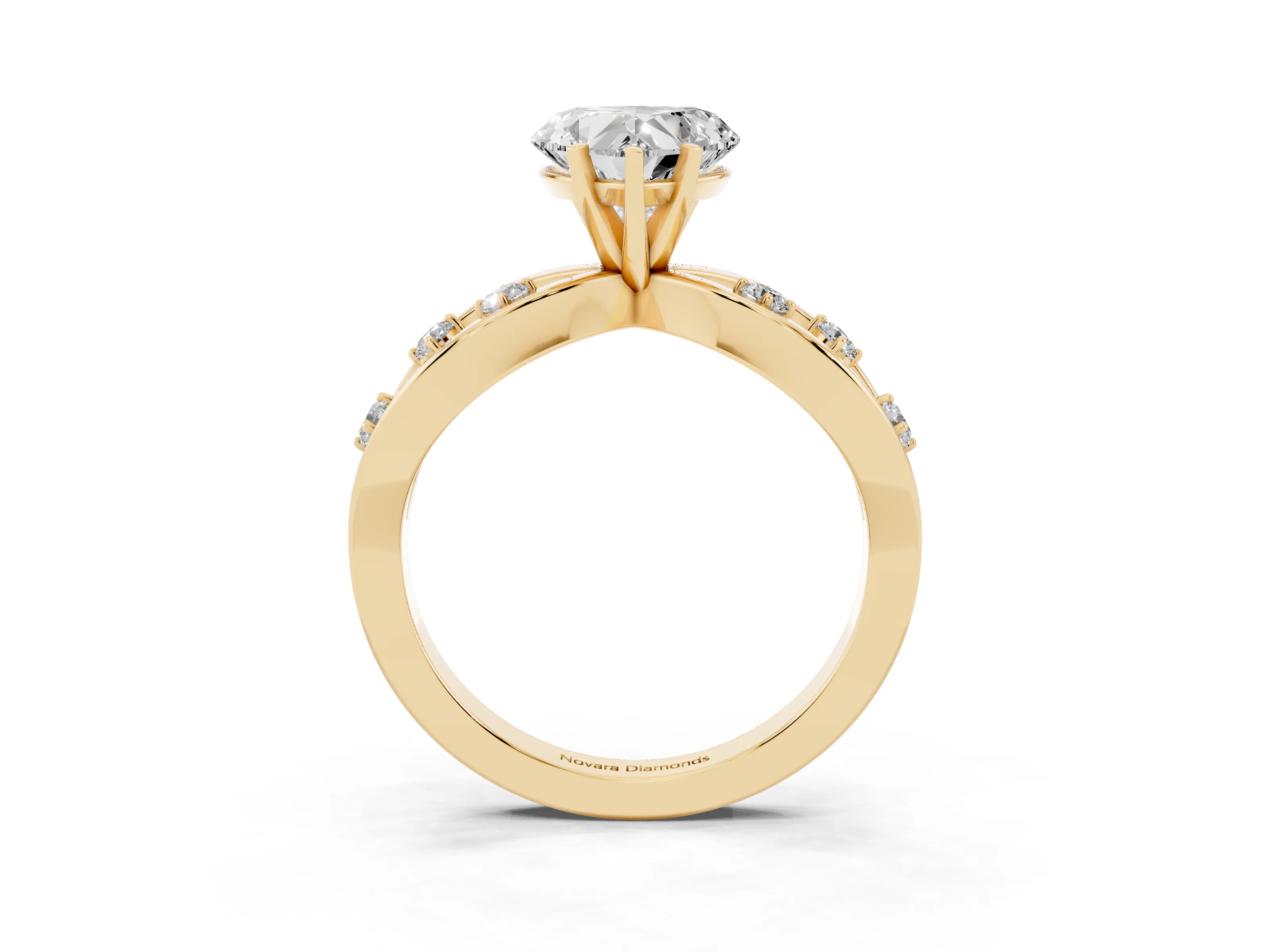 Heart Cut Diamond Solitaire Ring Set in Yellow gold with Side Stones on Criss-Cross Band and Prong Setting