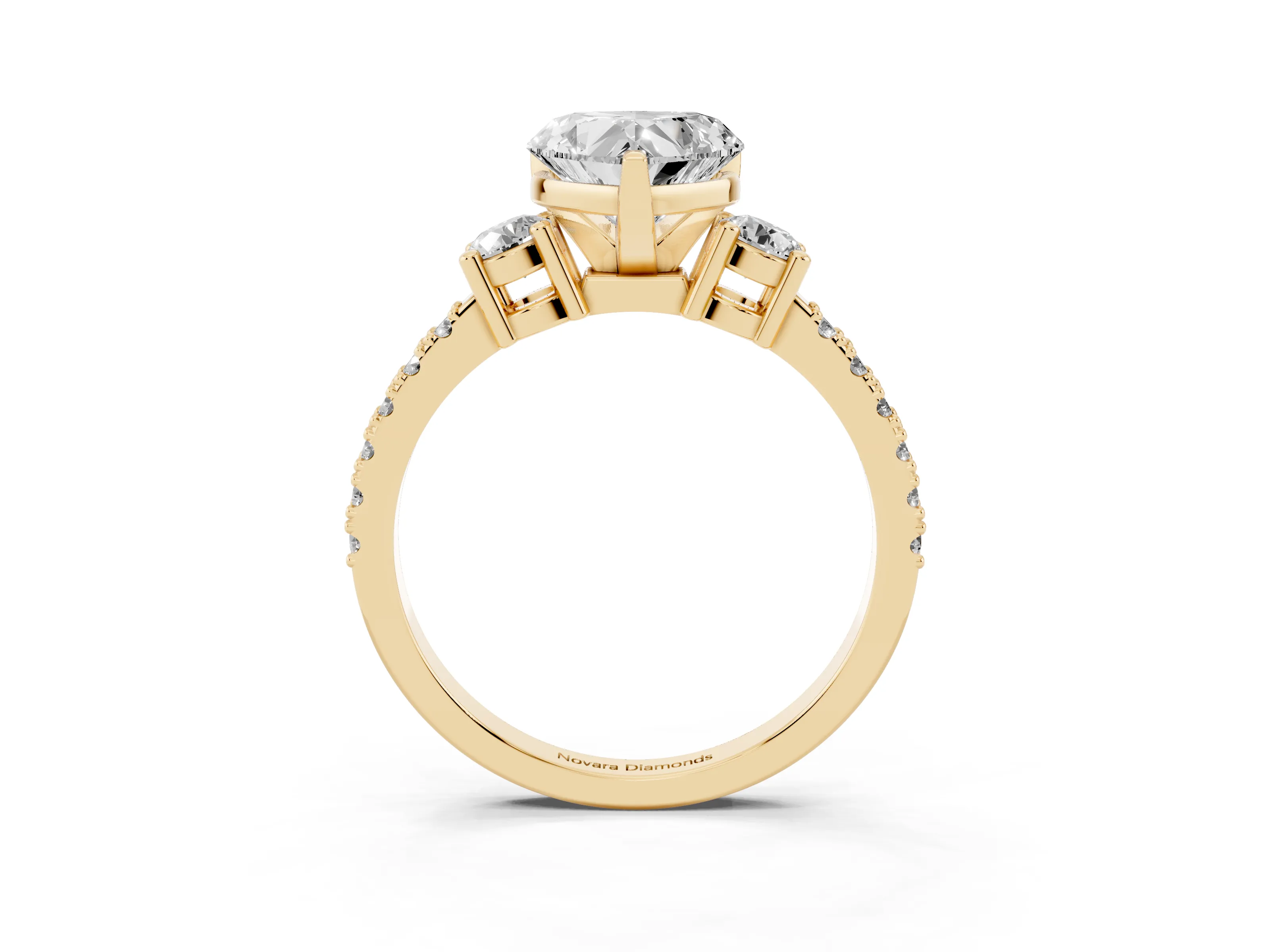 Three-Stone Heart Cut Diamond Pavé Band Ring Set in Yellow gold with Prong Setting