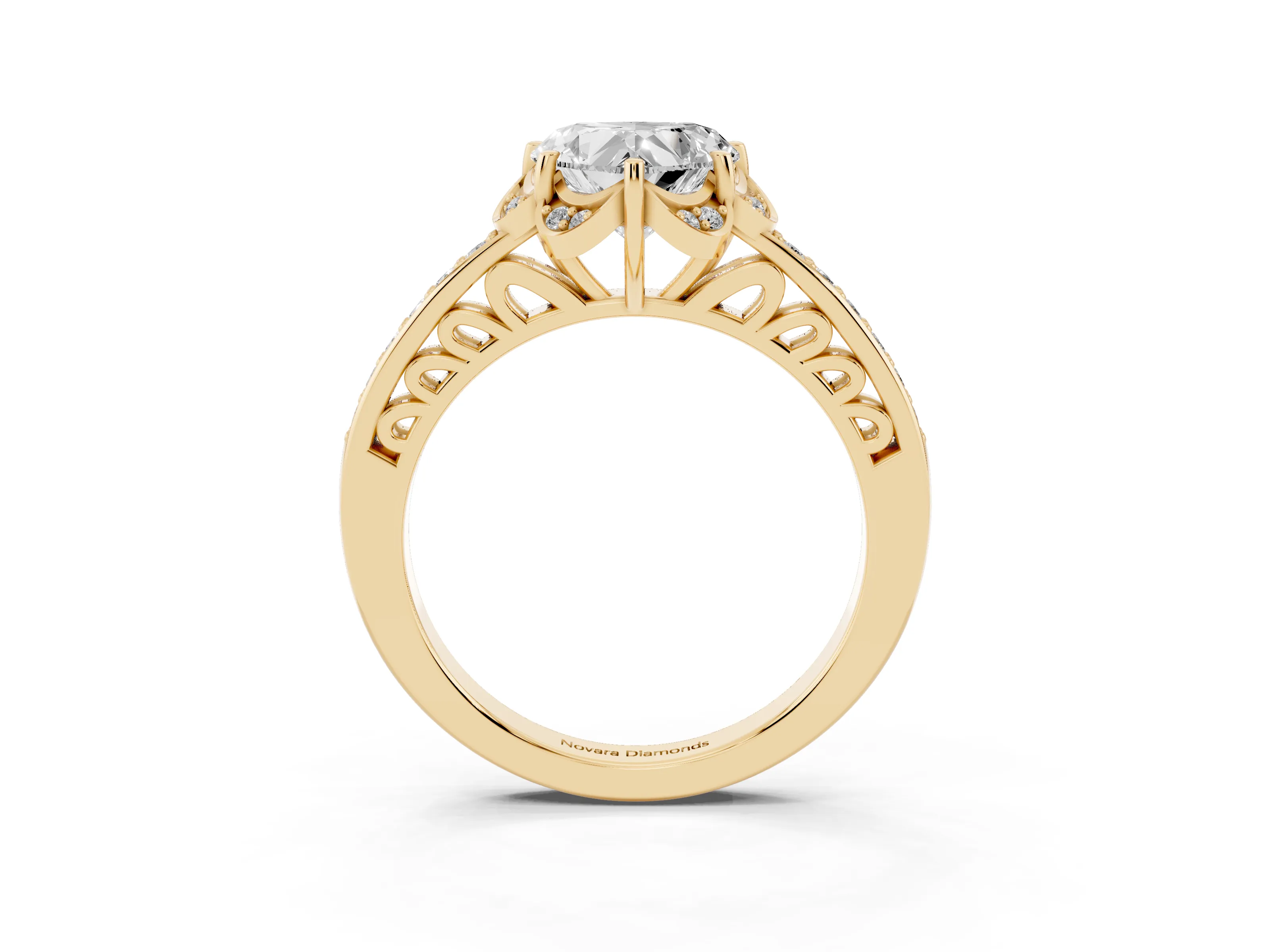 Heart Cut Diamond Halo Ring Set in Yellow gold with Channel Set Band and Prong Setting