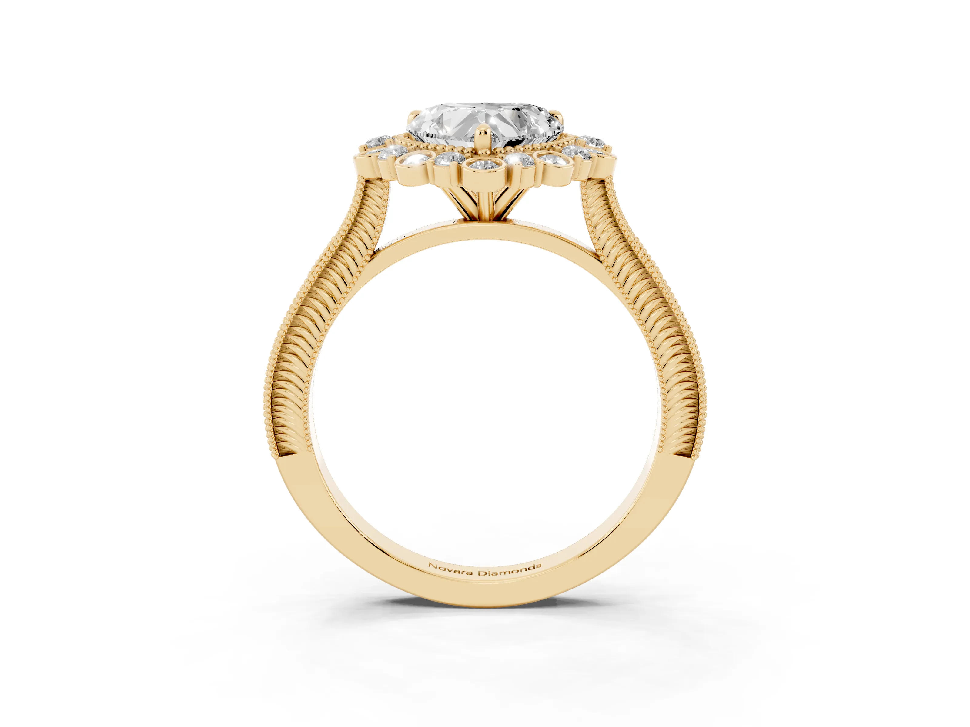 Heart Cut Diamond Halo Milgrain Pavé Ring Set in Yellow gold with Prong Setting