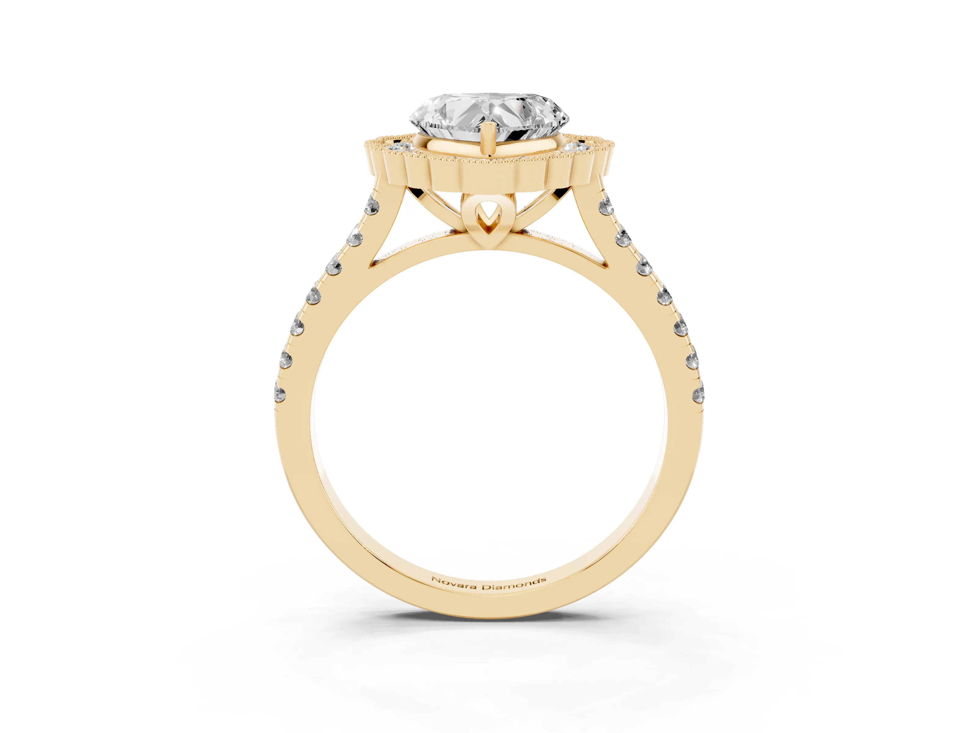 Heart Cut Diamond Milgrain Floral Halo Engagement Ring Set in Yellow gold with Pavé Band
