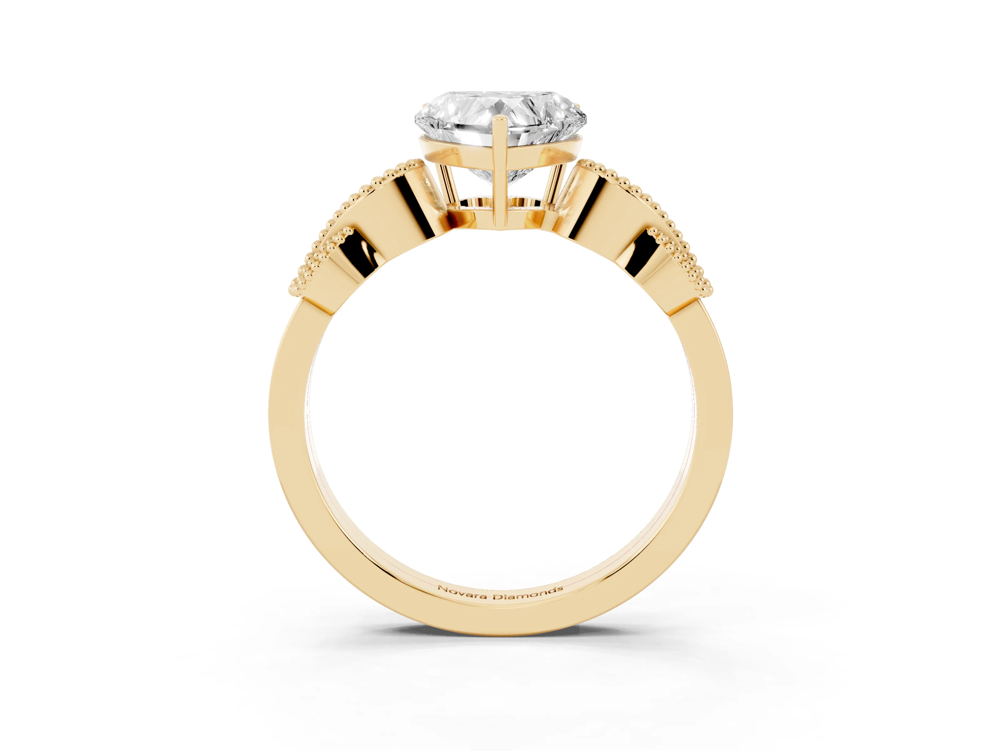 Heart Cut Diamond Milgrain Leaf Band Solitaire Ring Set in Yellow gold with Accent Stones and Prong Setting