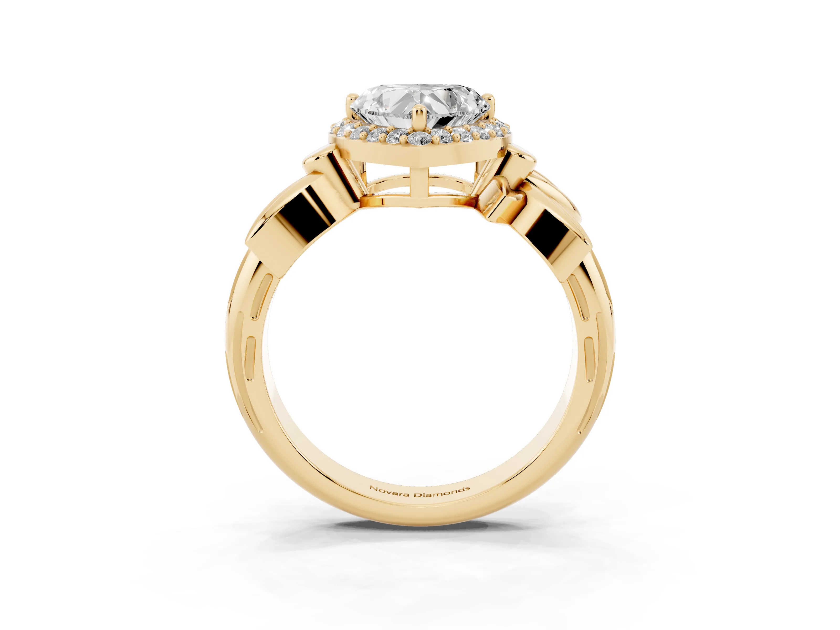 Heart Cut Diamond Halo Floral Band Ring Set in Yellow gold with Prong Setting