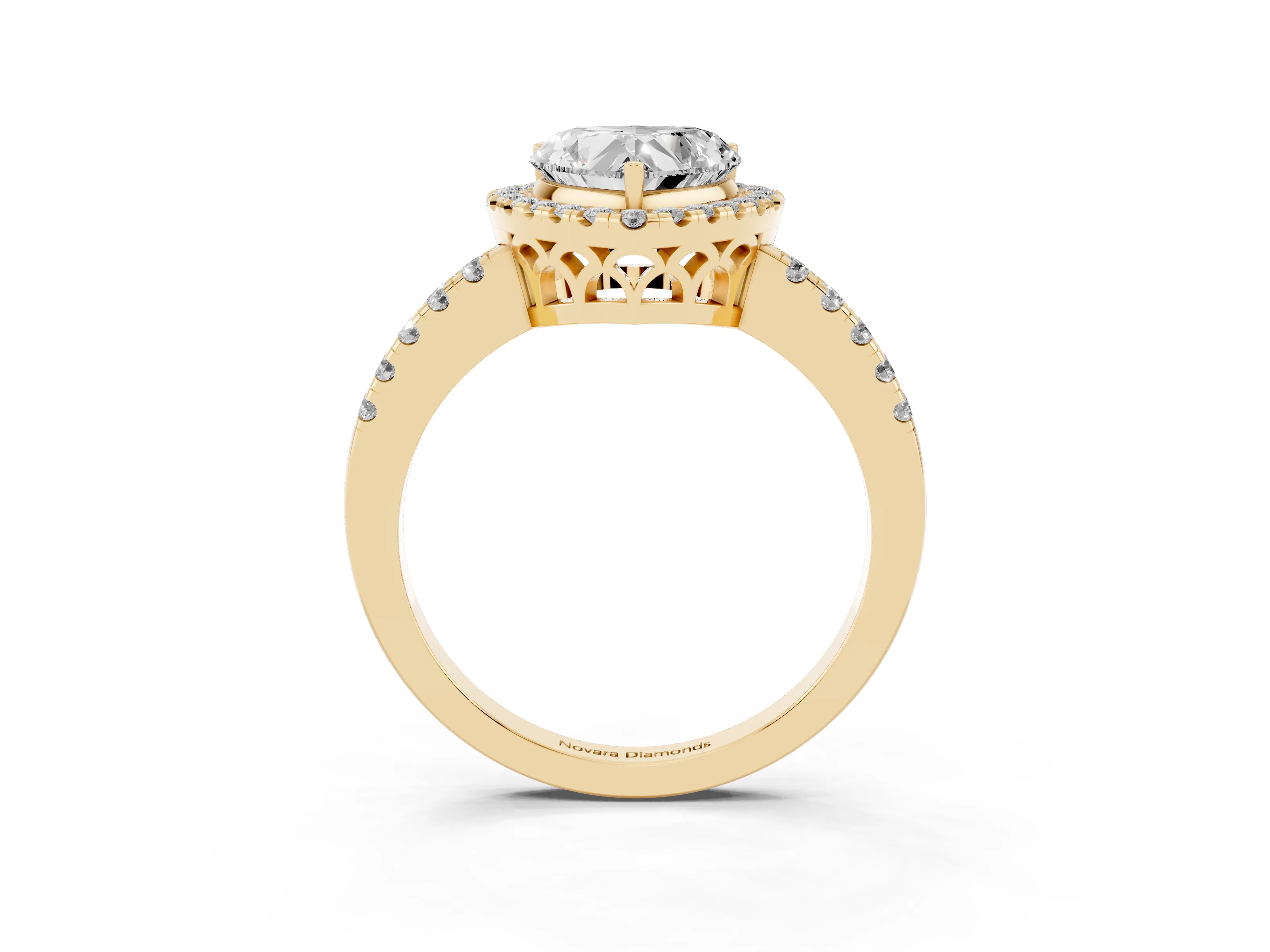 Heart Cut Diamond Pavé Band Halo Engagement Ring Set in Yellow gold with Prong Setting