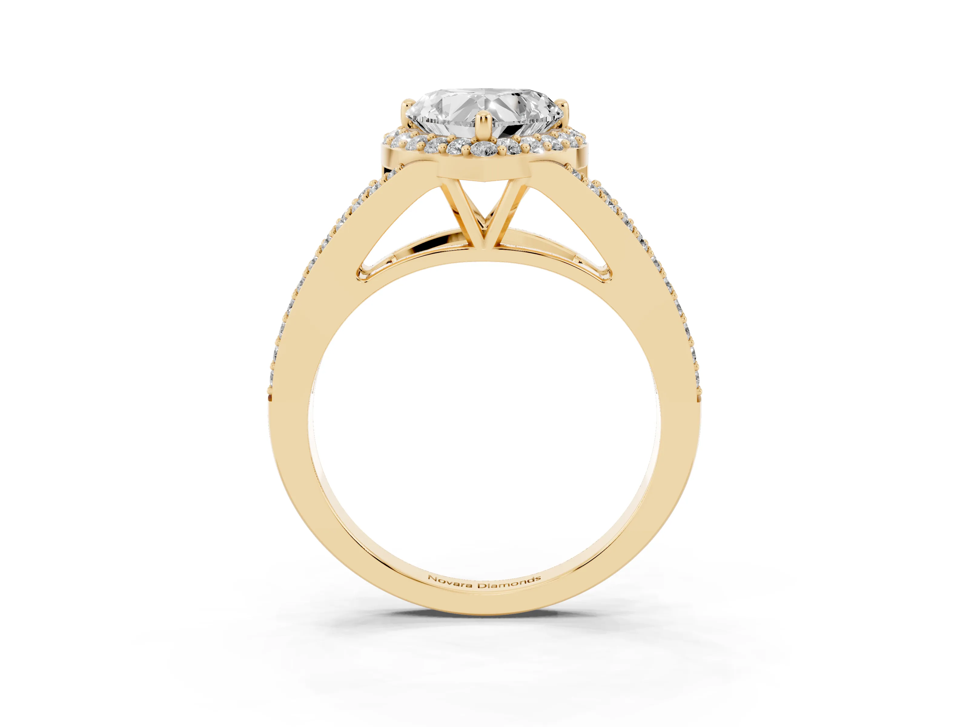 Heart Cut Diamond Halo Split Shank Pavé Ring Set in Yellow gold with Prong Setting
