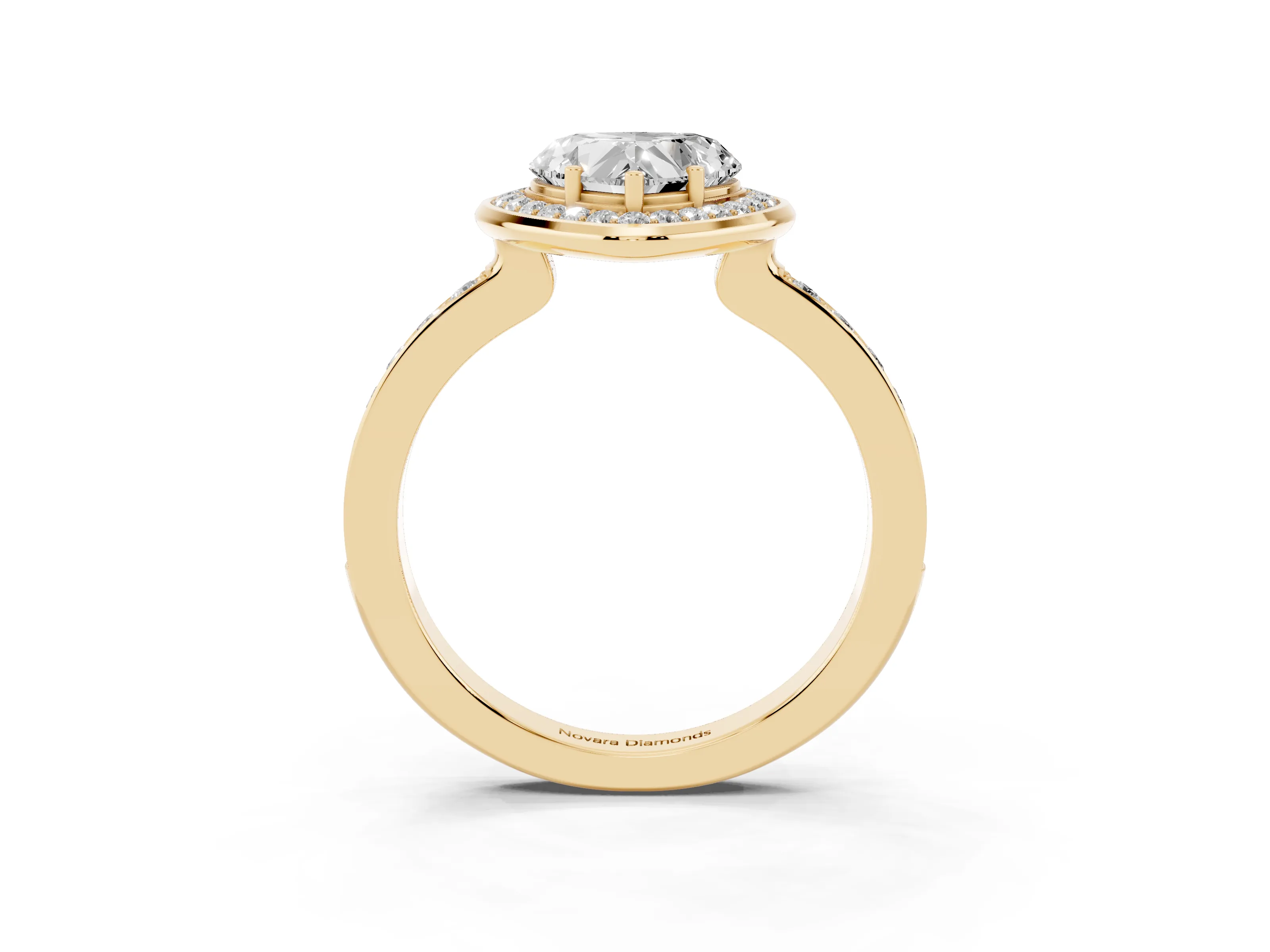 Heart Cut Diamond Halo Ring Set in Yellow gold with Bezel Frame and Pavé Band
