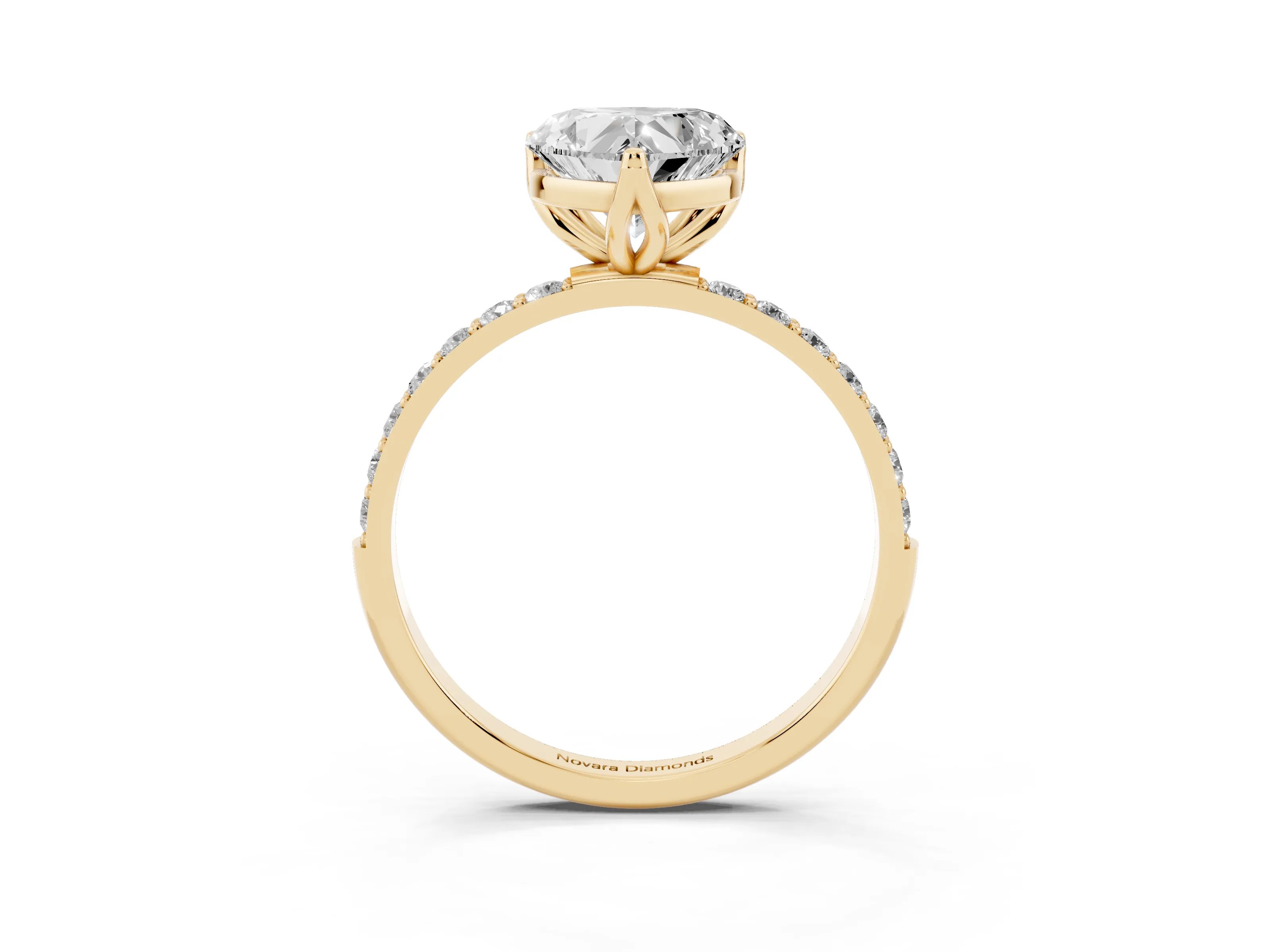 Heart Cut Diamond Solitaire Engagement Ring Set in Yellow gold with Round Pavé Band and Prong Setting