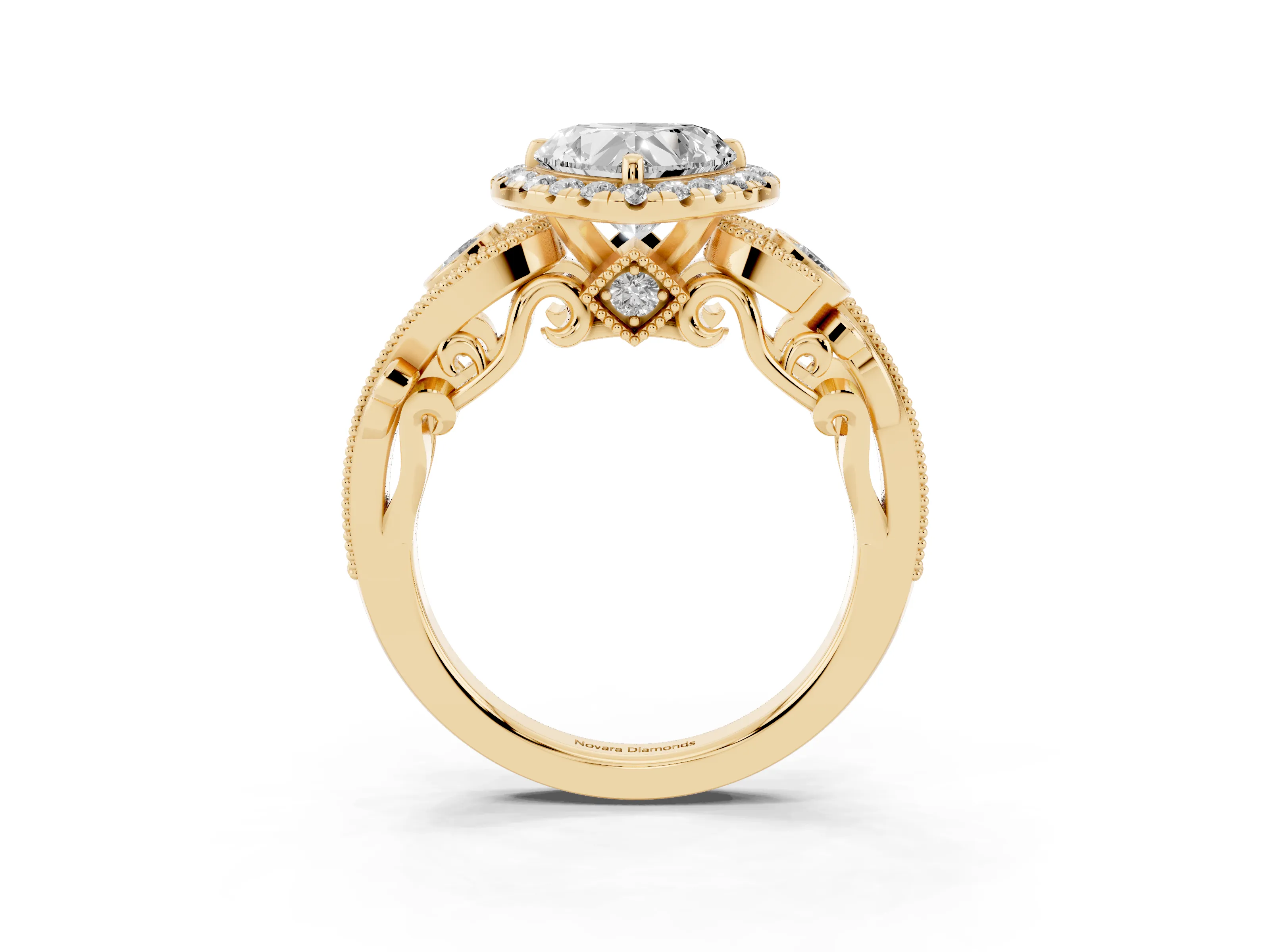 Heart Cut Diamond Halo Ring Set in Yellow gold with Milgrain Pavé Band and Prong Setting