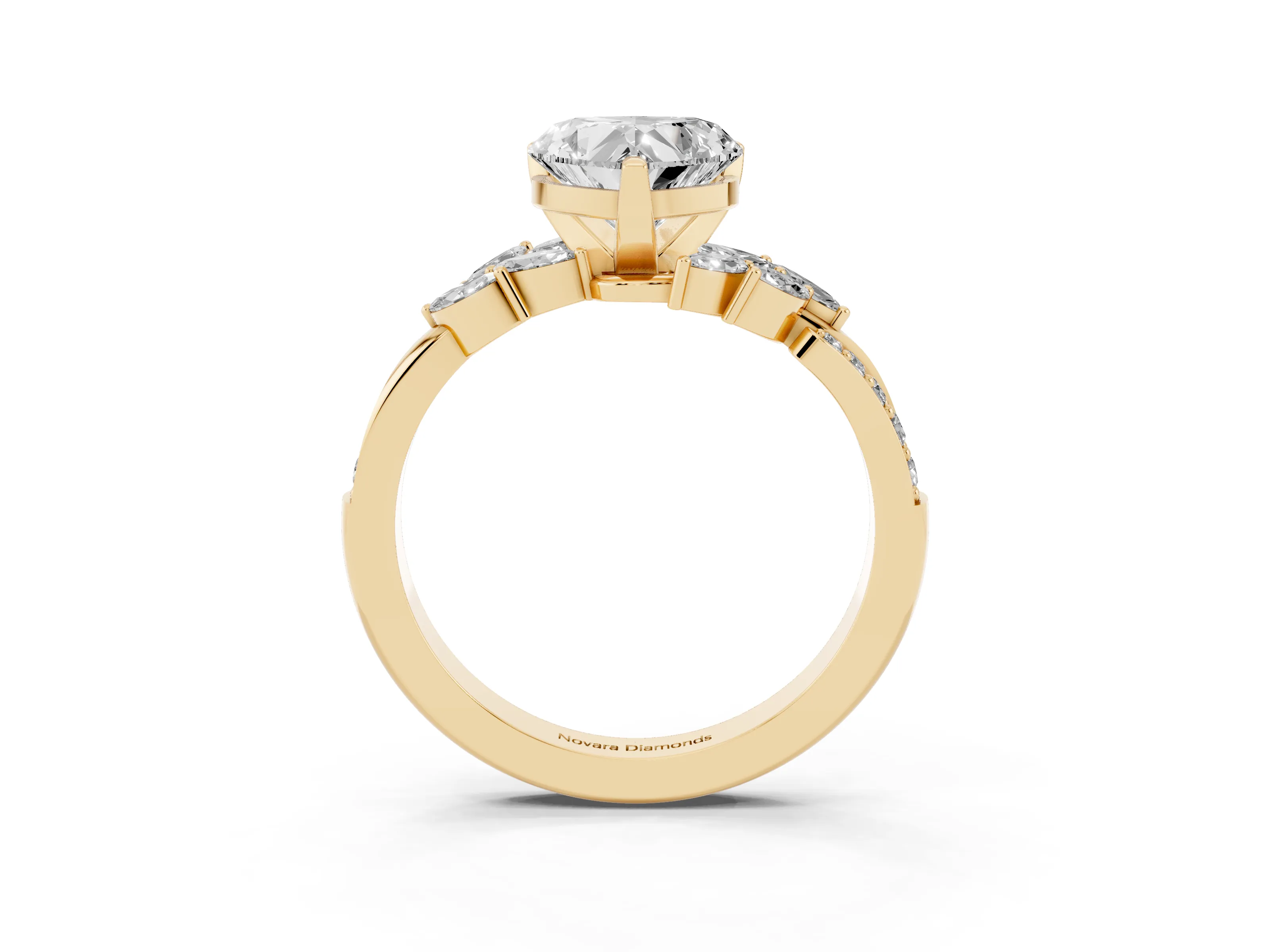 Heart Cut Diamond Solitaire Ring Set in Yellow gold with Marquise Twist Band and Prong Setting