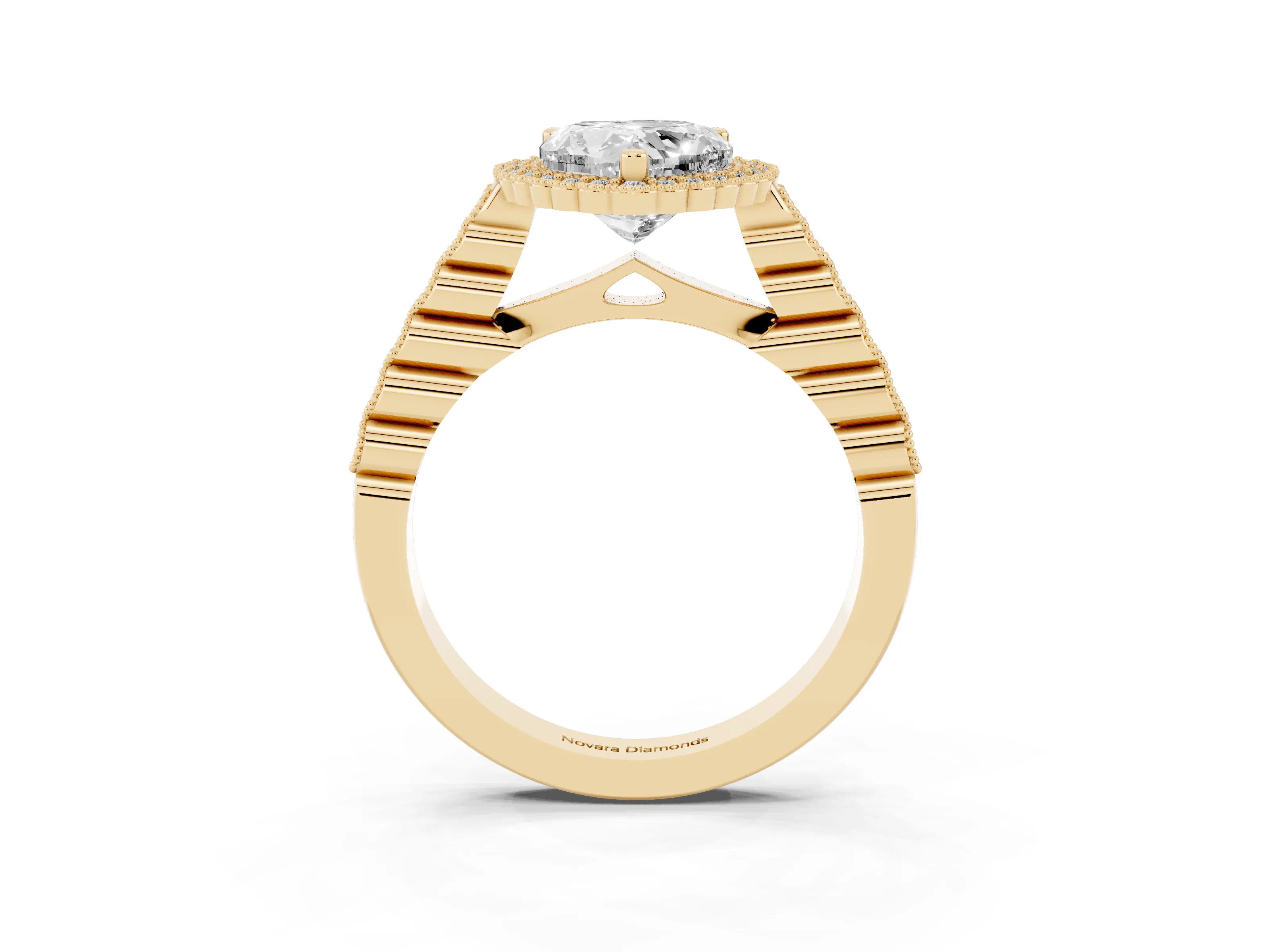 Heart Cut Diamond Halo Ring Set in Yellow gold with Pavé Milgrain Band