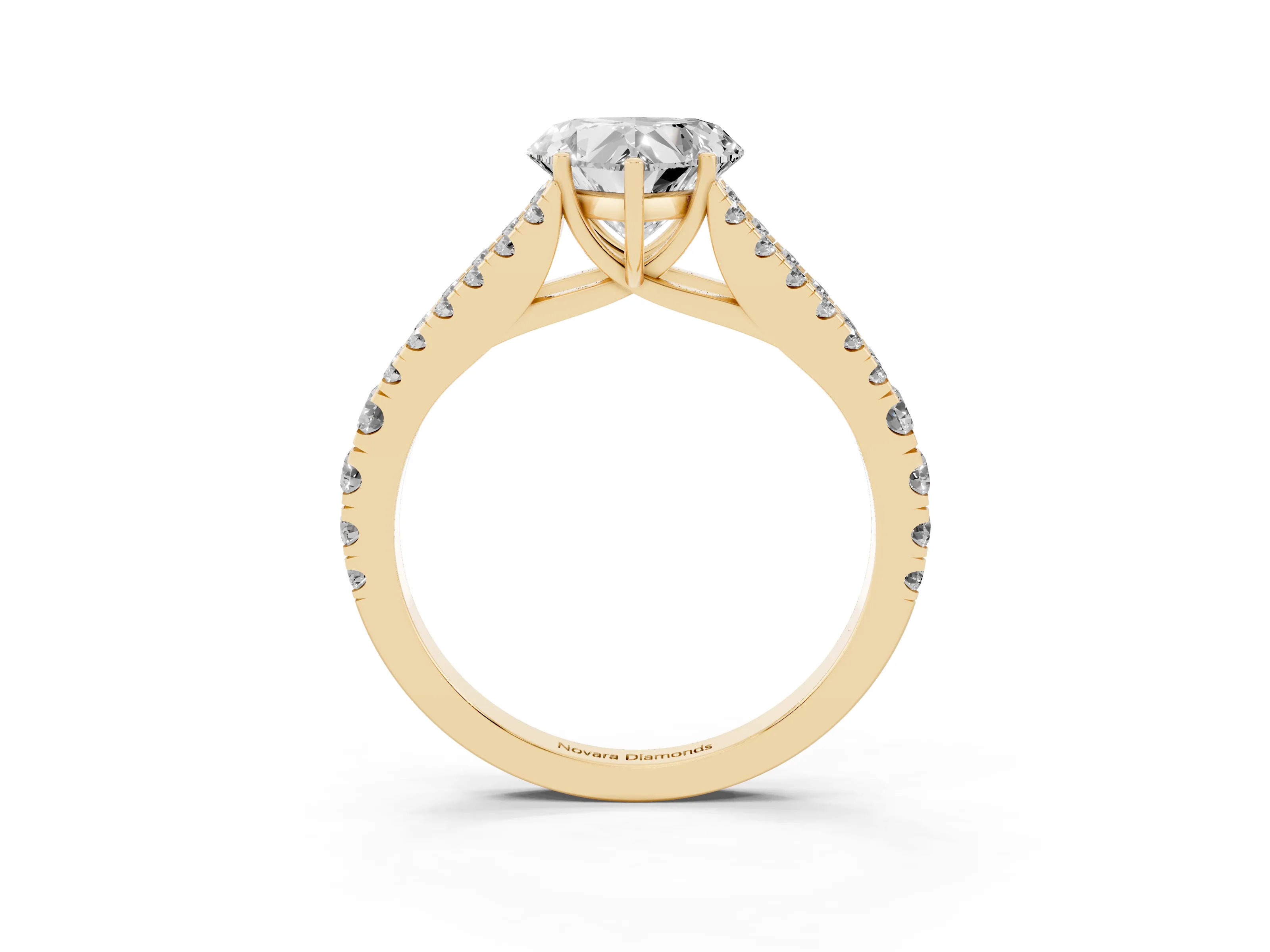 Heart Cut Diamond Split Shank Pavé Engagement Ring Set in Yellow gold with Prong-Held Center Stone