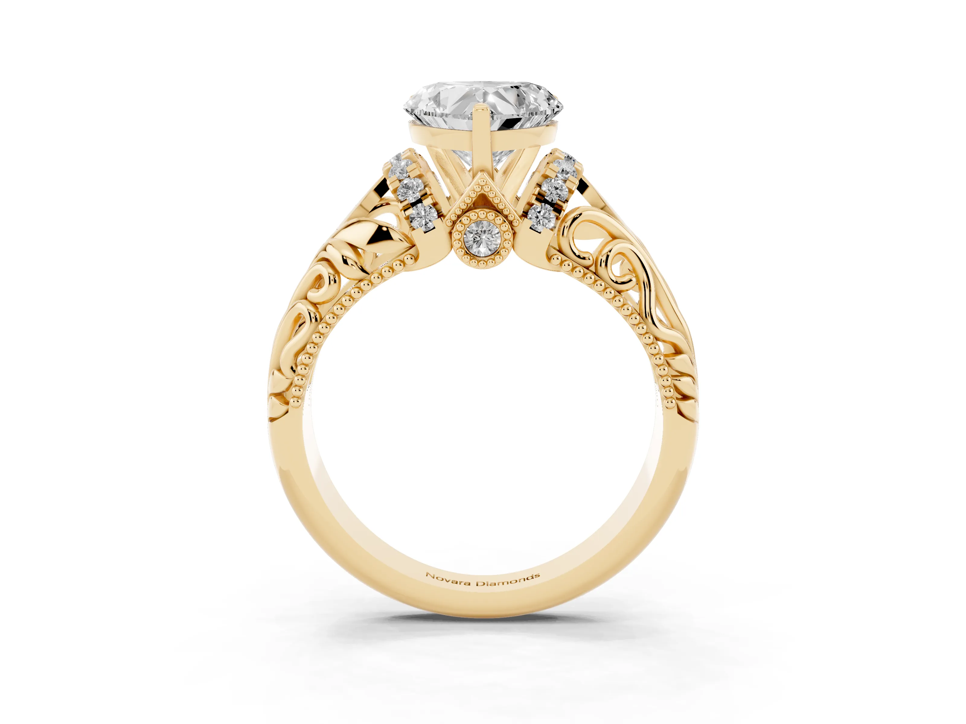 Heart Cut Diamond Filigree Halo Engagement Ring Set in Yellow gold with Prong Setting