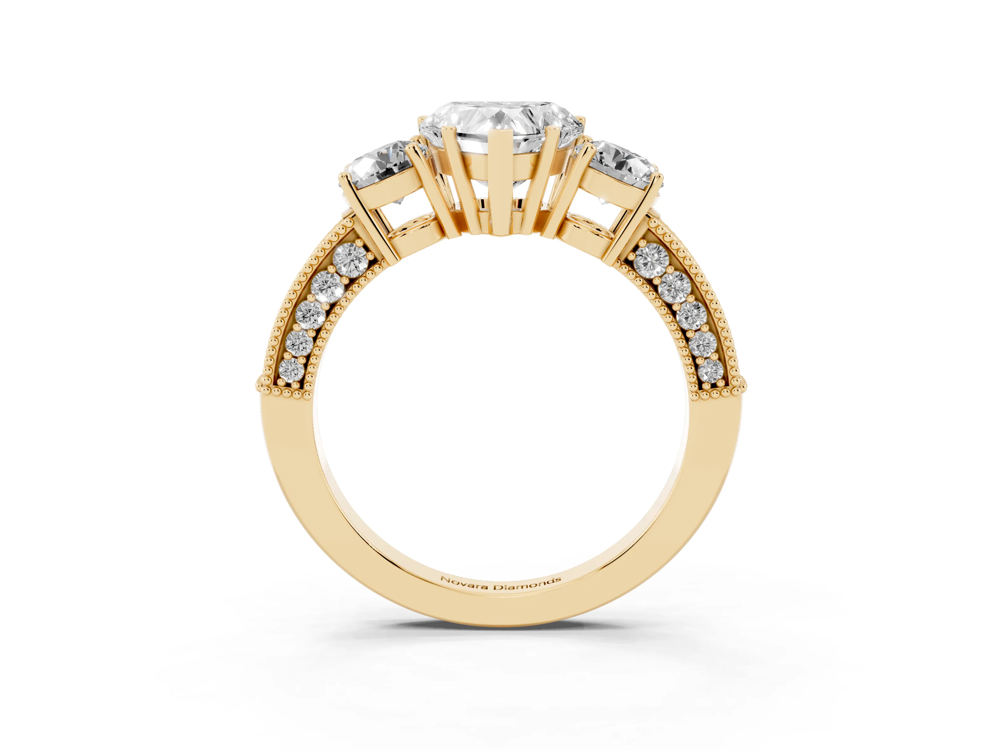 Heart Cut Diamond Three-Stone Ring Set in Yellow gold with Round Side Stones and Pavé Band
