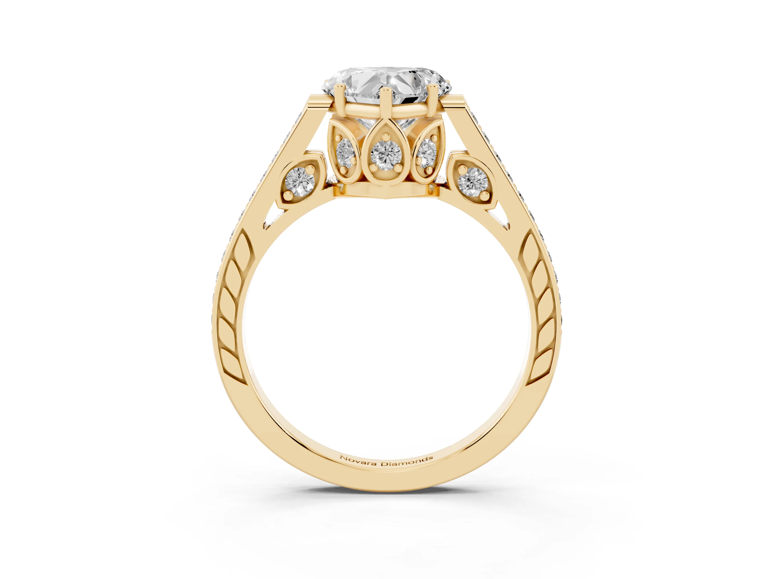 Heart Cut Diamond Cathedral Pavé Engagement Ring Set in Yellow gold with Prong Setting