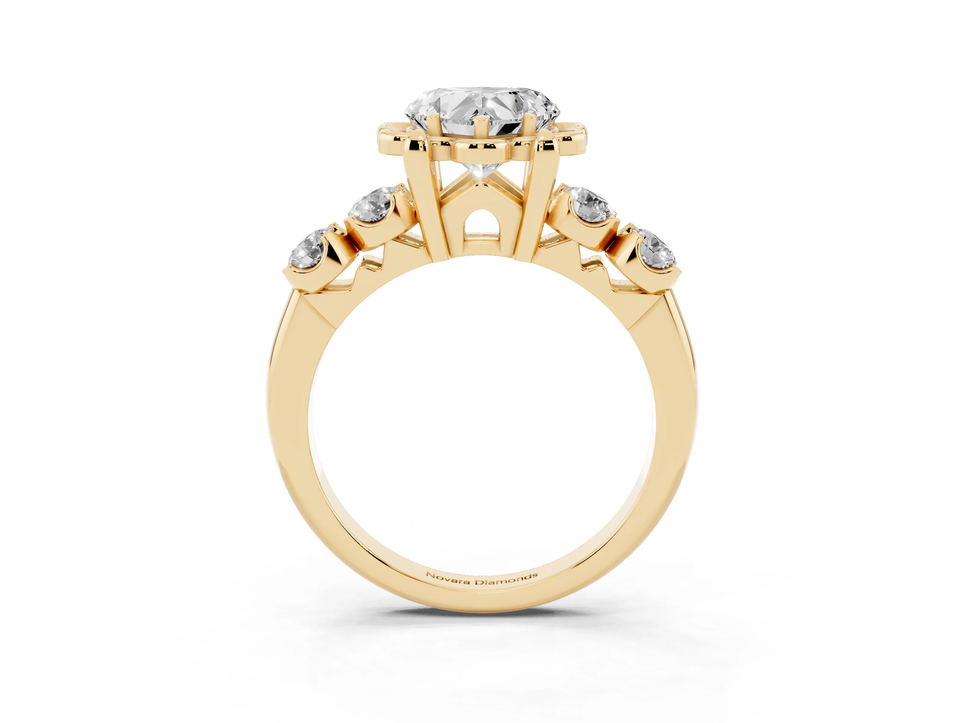Heart Cut Diamond Floral Halo Ring Set in Yellow gold with Shared Prong Band