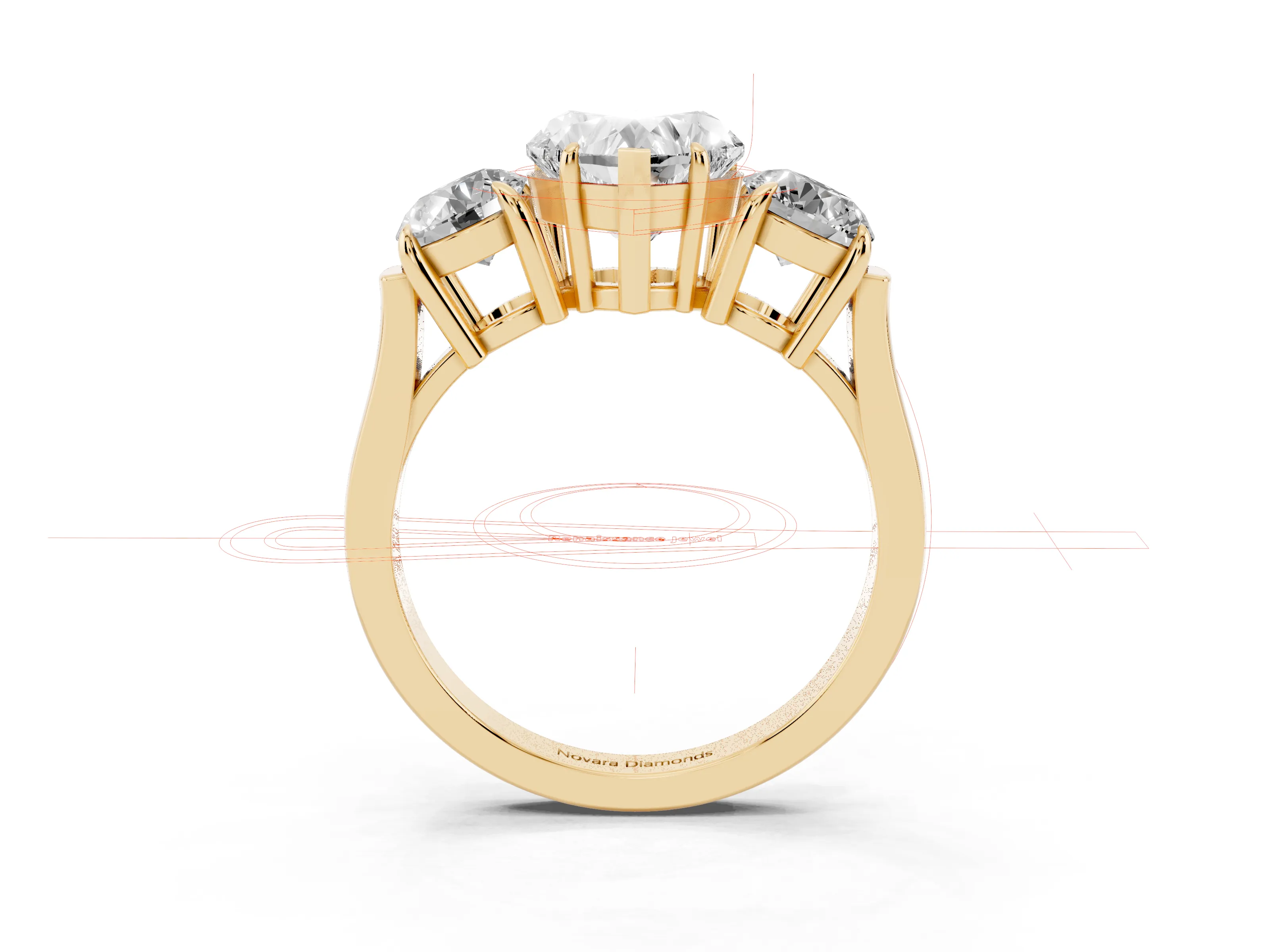Heart Cut Diamond Three-Stone Ring Set in Yellow gold with Round Accent Stones and Plain Band