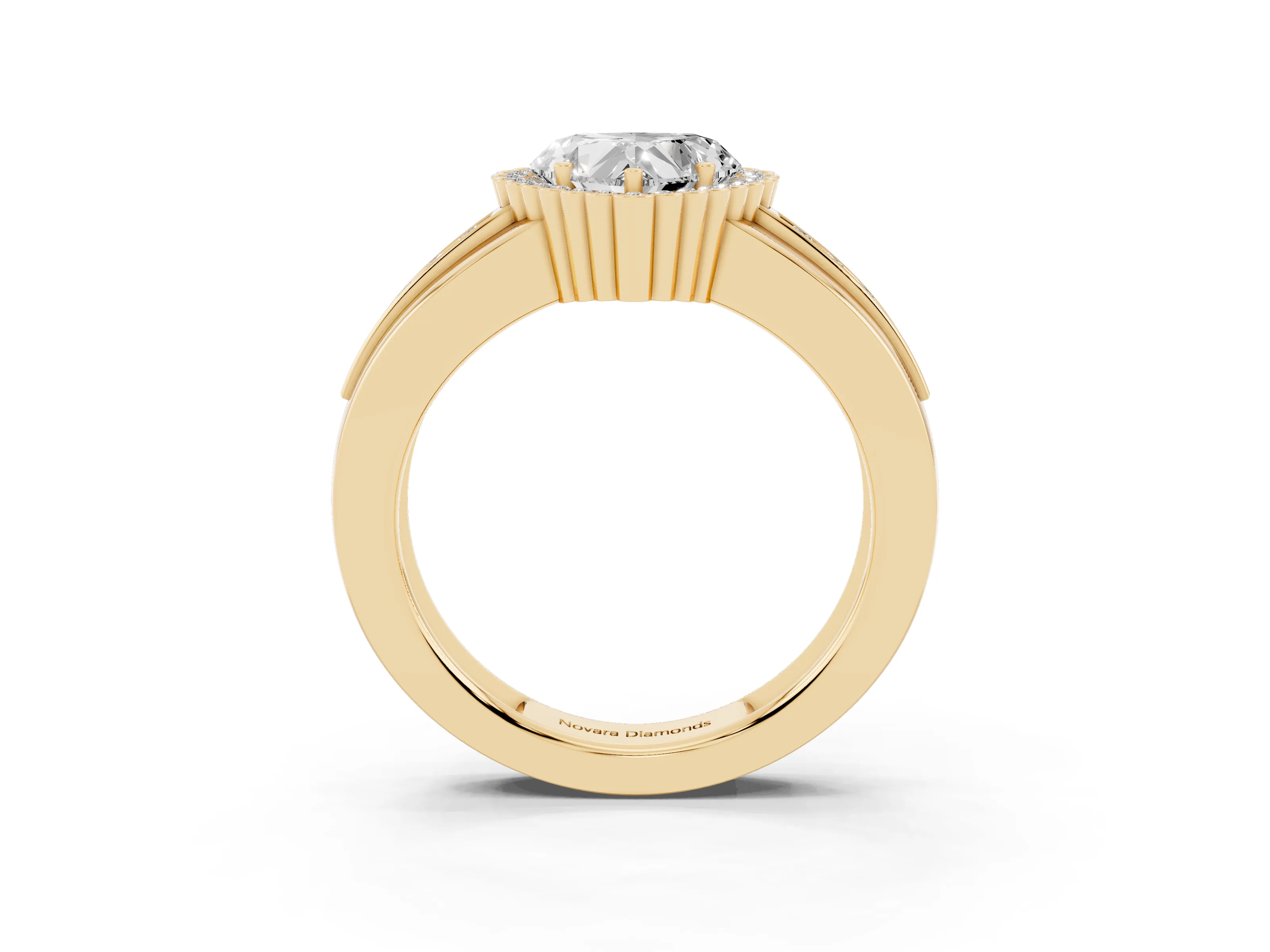 Heart Cut Diamond Halo Prong Ring Set in Yellow gold with Pavé Band
