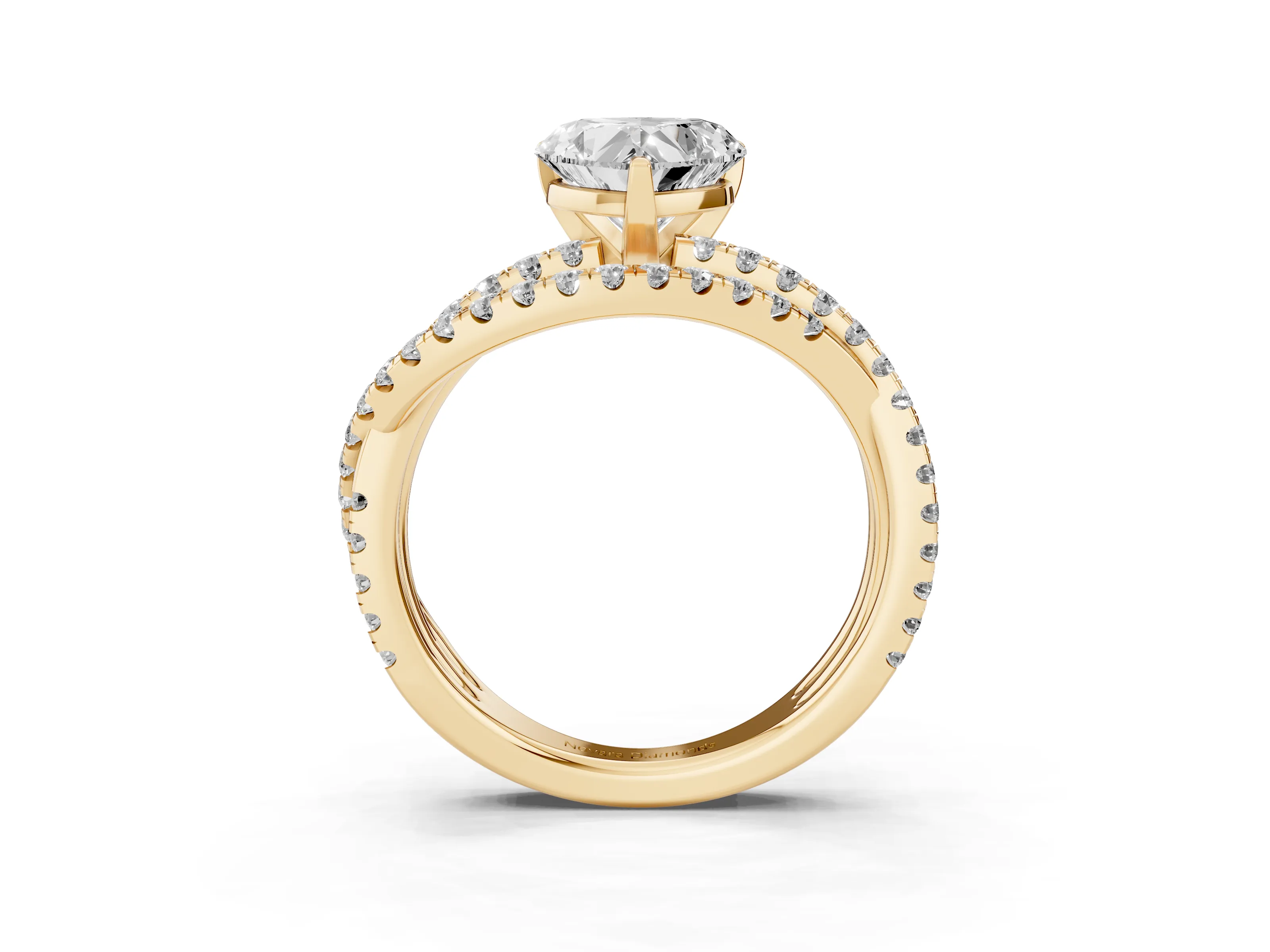 Heart Cut Diamond Solitaire Twist Band Ring Set in Yellow gold with Pavé Setting and Prong Head
