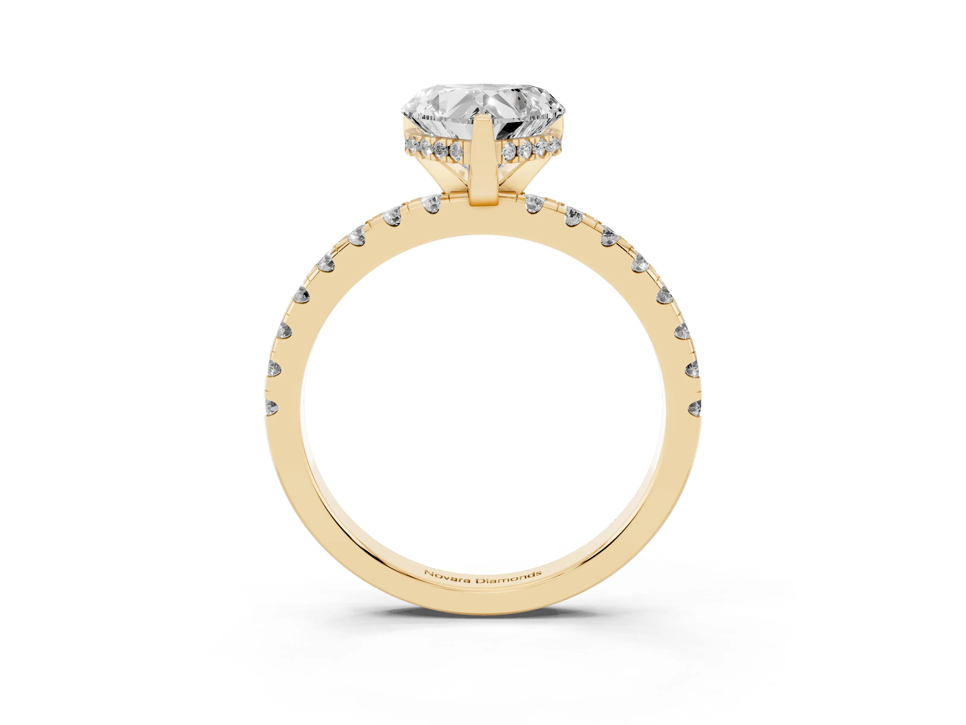 Heart Cut Diamond Pavé Solitaire Ring Set in Yellow gold with Round Band Accents and Prong Setting