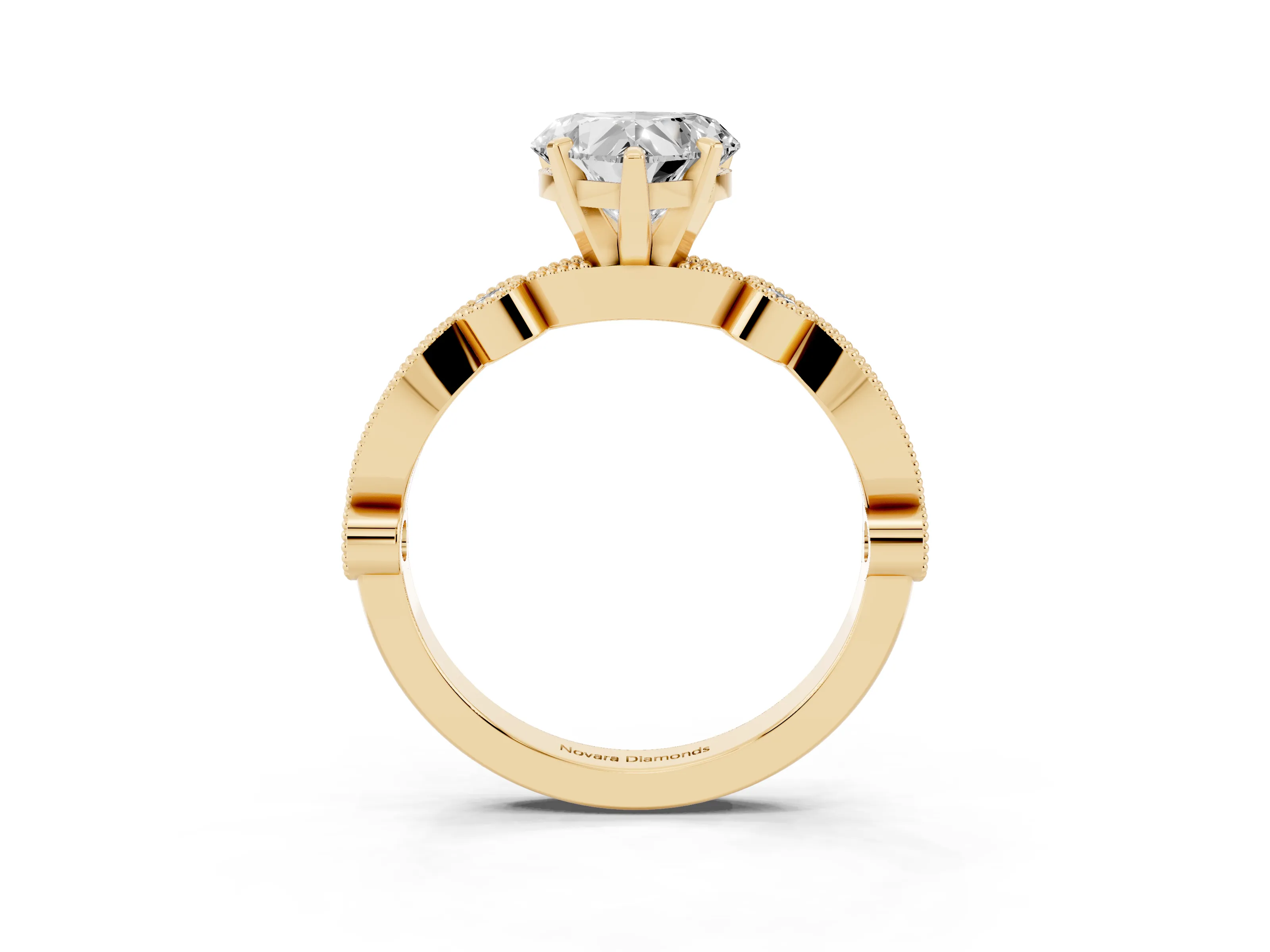 Heart Cut Diamond Solitaire Engagement Ring Set in Yellow gold with Milgrain Bezel Accent Band