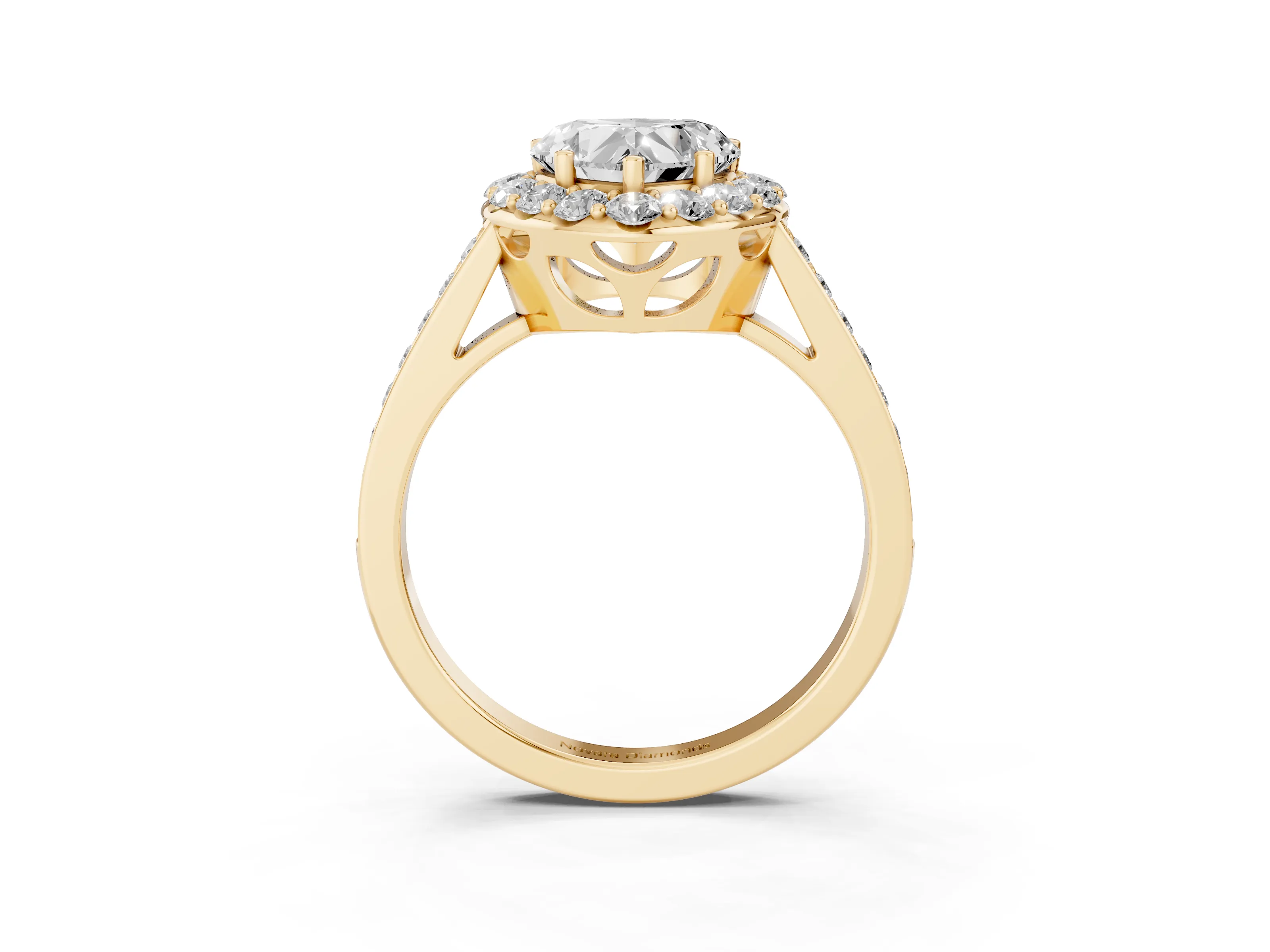 Heart Cut Diamond Floral Halo Ring Set in Yellow gold with Pavé Band and Prong Setting