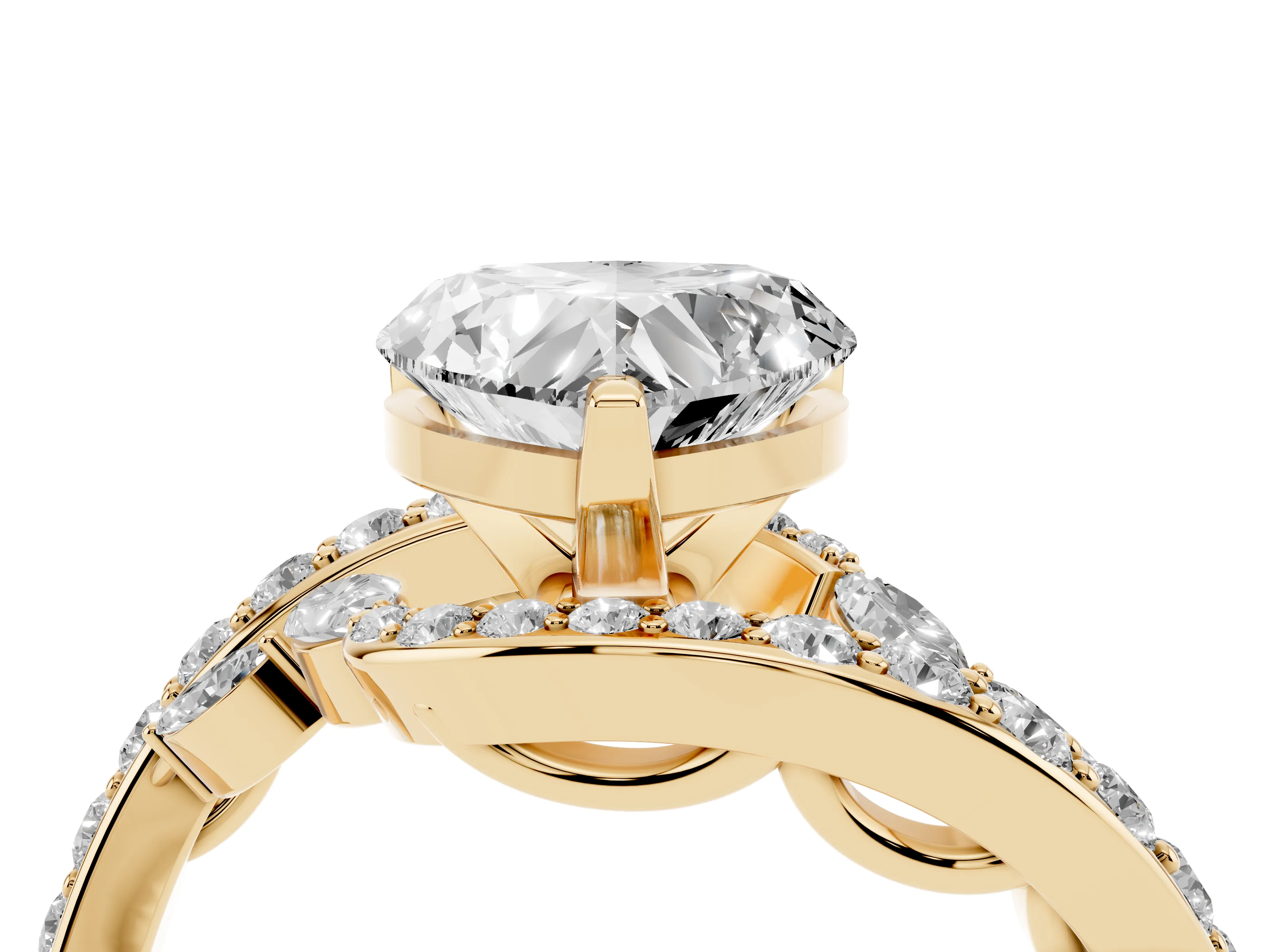 Heart Cut Diamond Solitaire Ring Set in Yellow gold with Pavé Twist Band and Secure Prong Setting