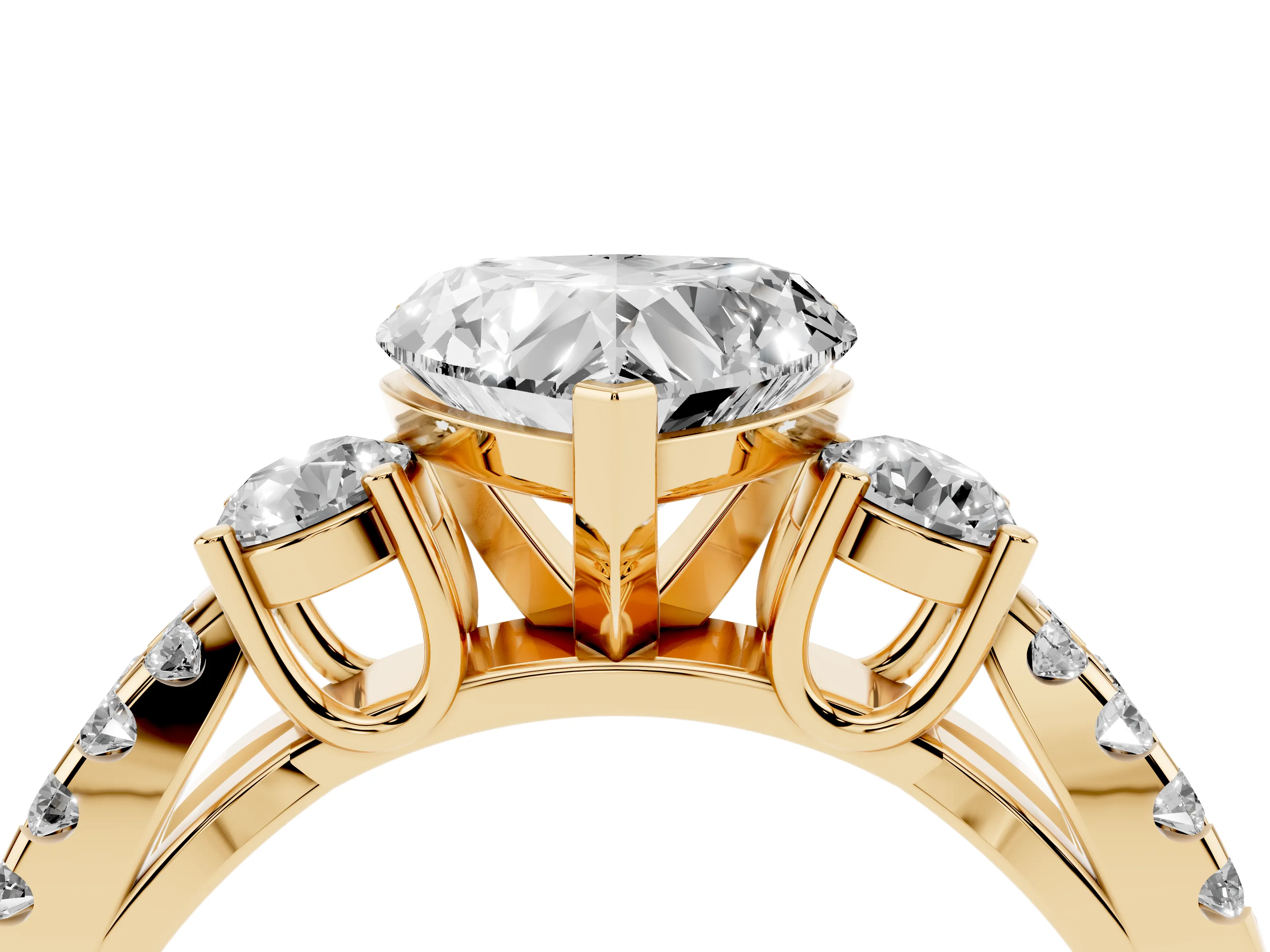 Heart Cut Diamond Three-Stone Ring Set in Yellow gold with Pavé Split Shank and Prong Setting